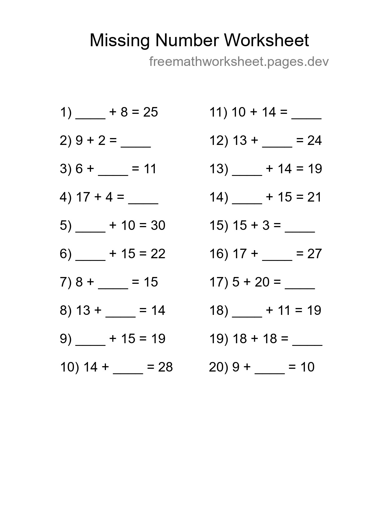 Missing Number Math Worksheet