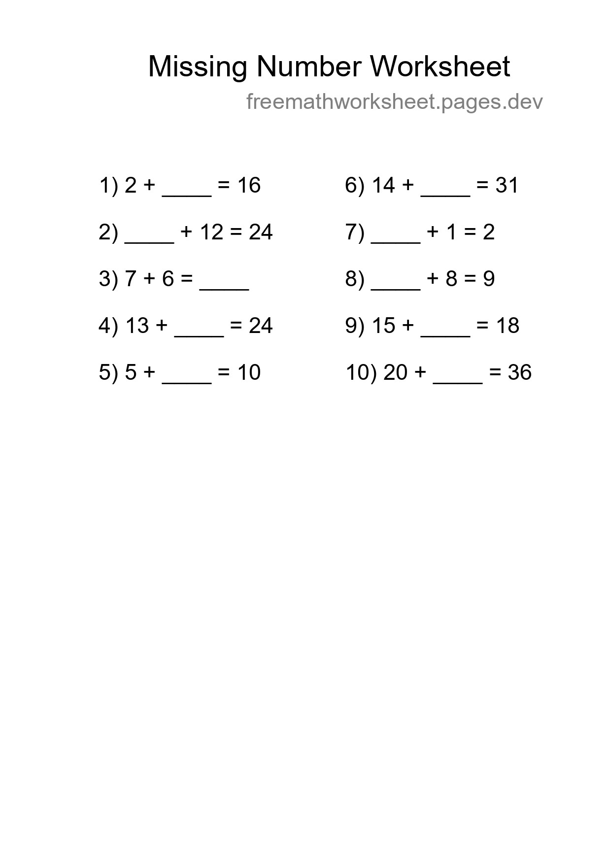 Missing Number Math Worksheet