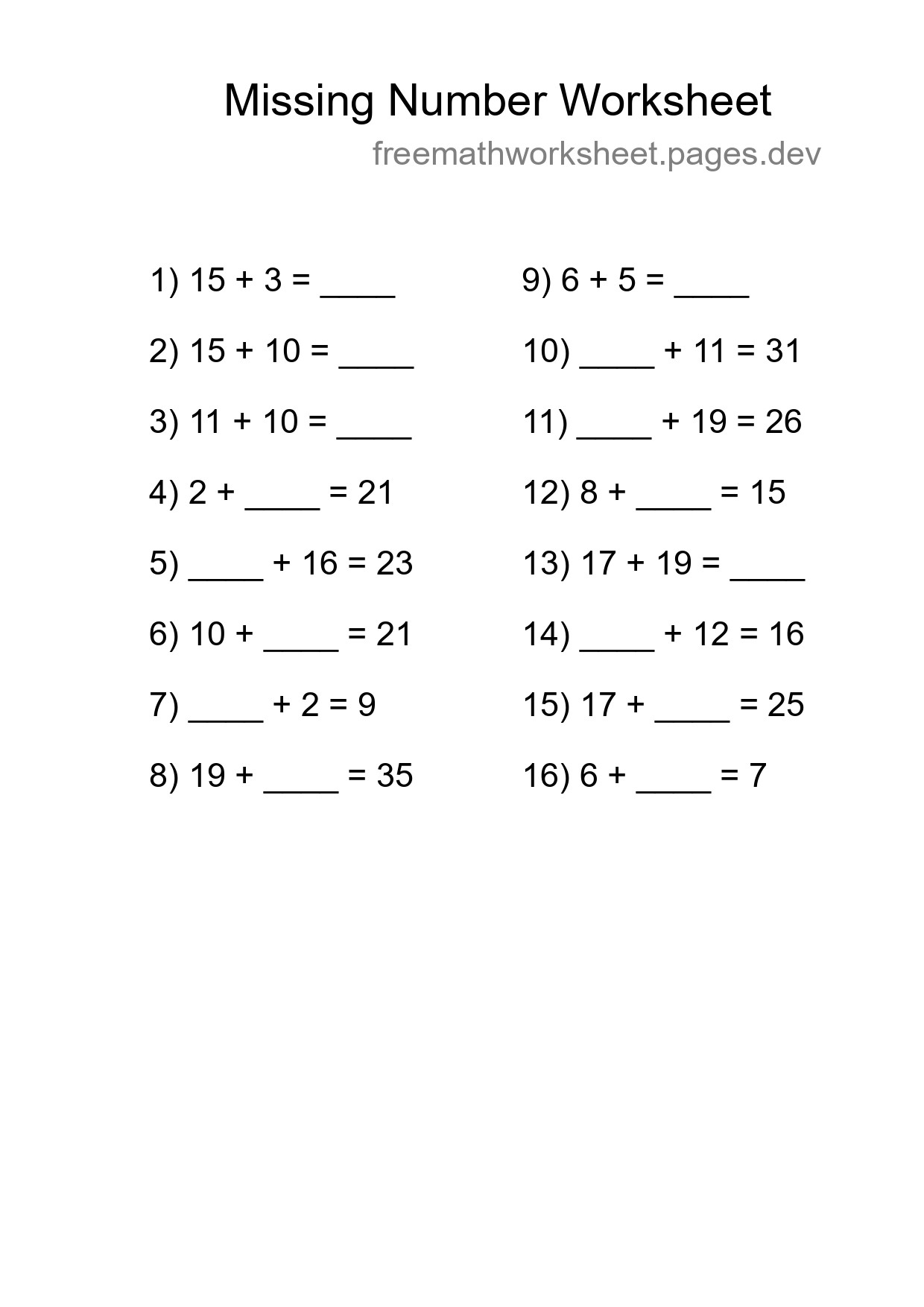 Missing Number Math Worksheet