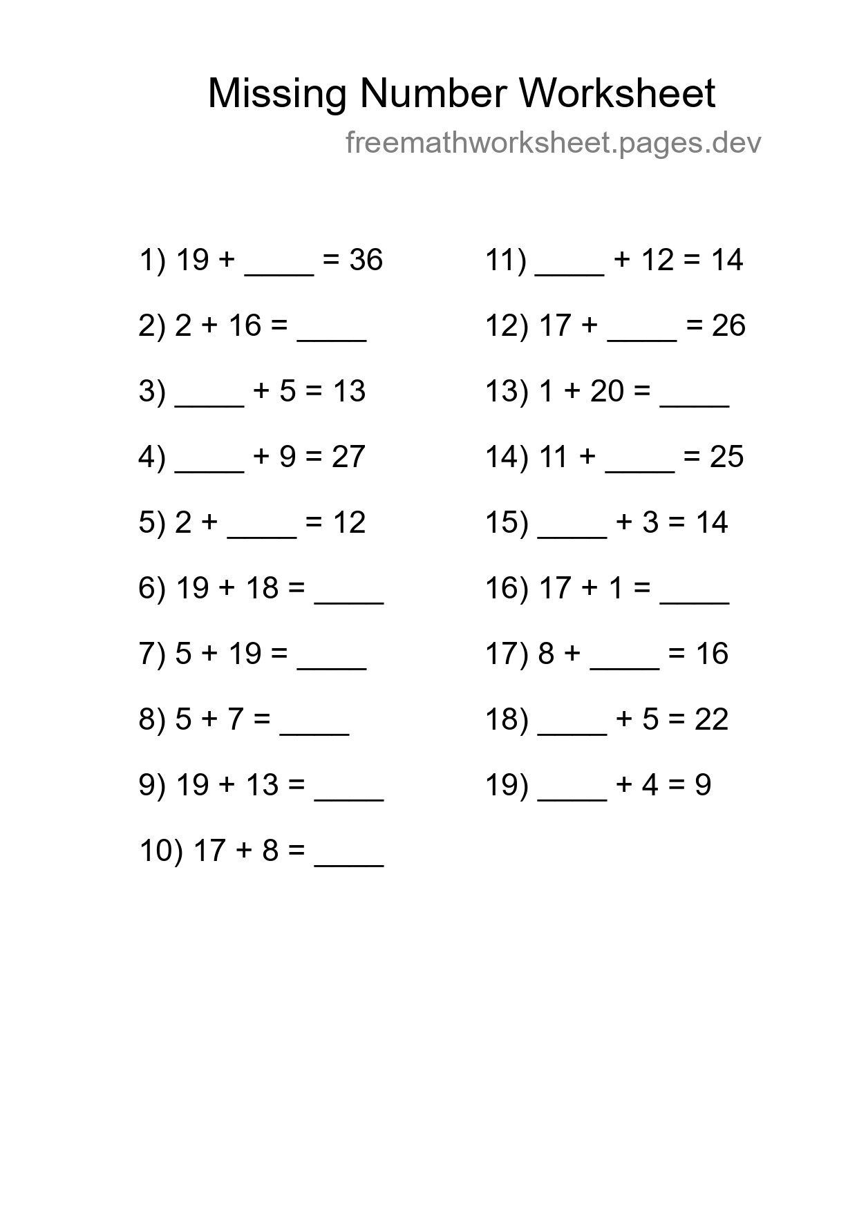 Missing Number Math Worksheet