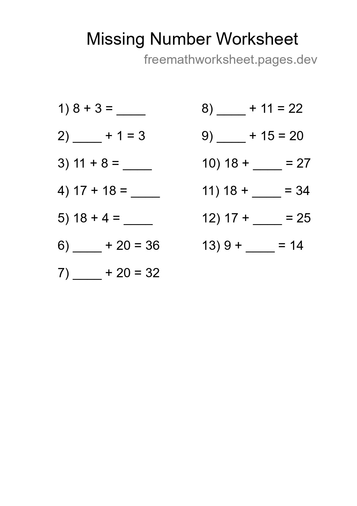 Missing Number Math Worksheet