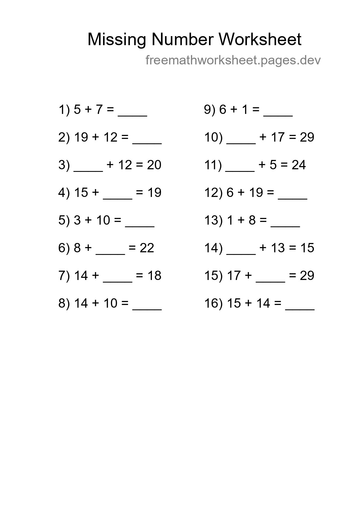 Missing Number Math Worksheet
