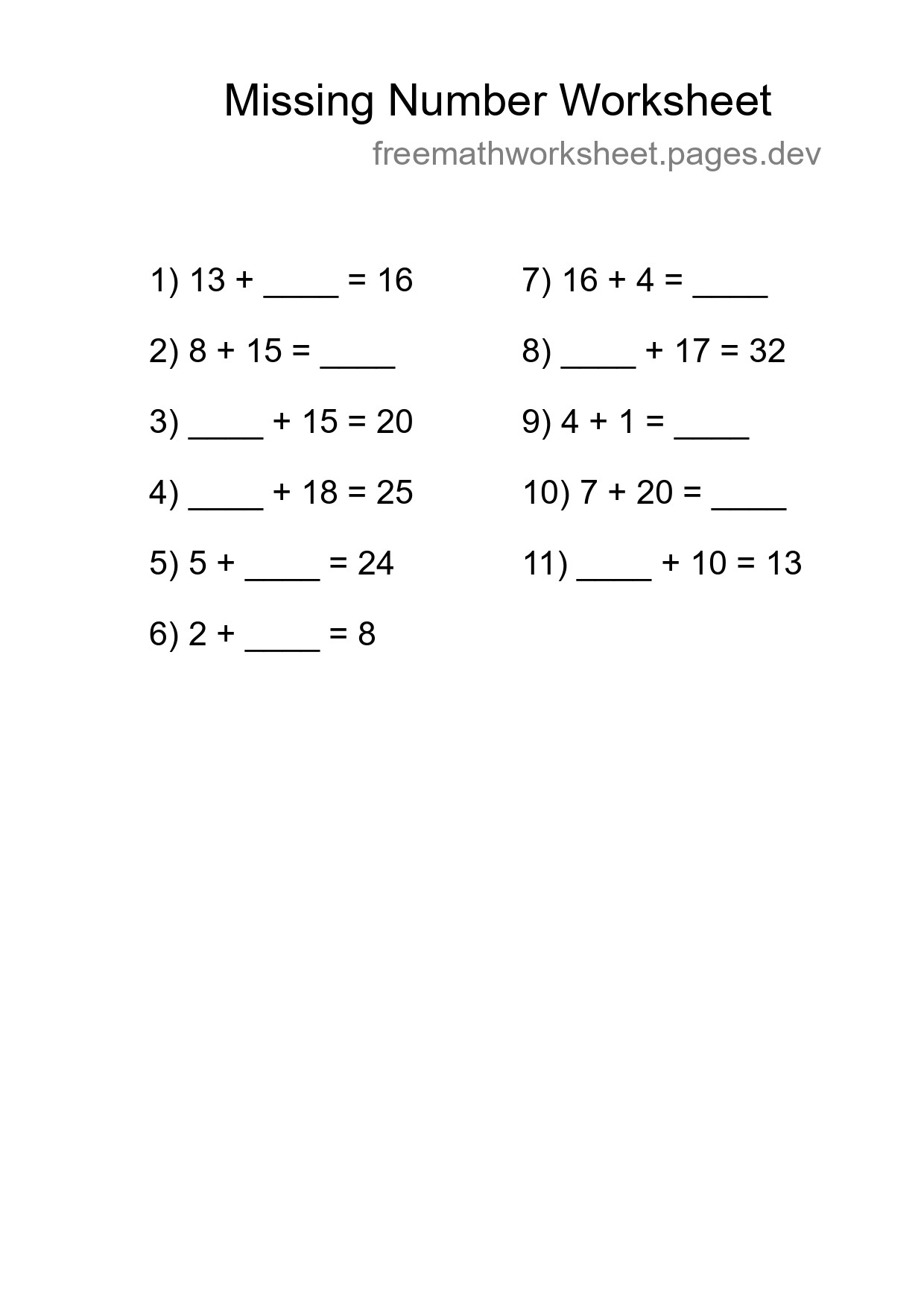 Missing Number Math Worksheet