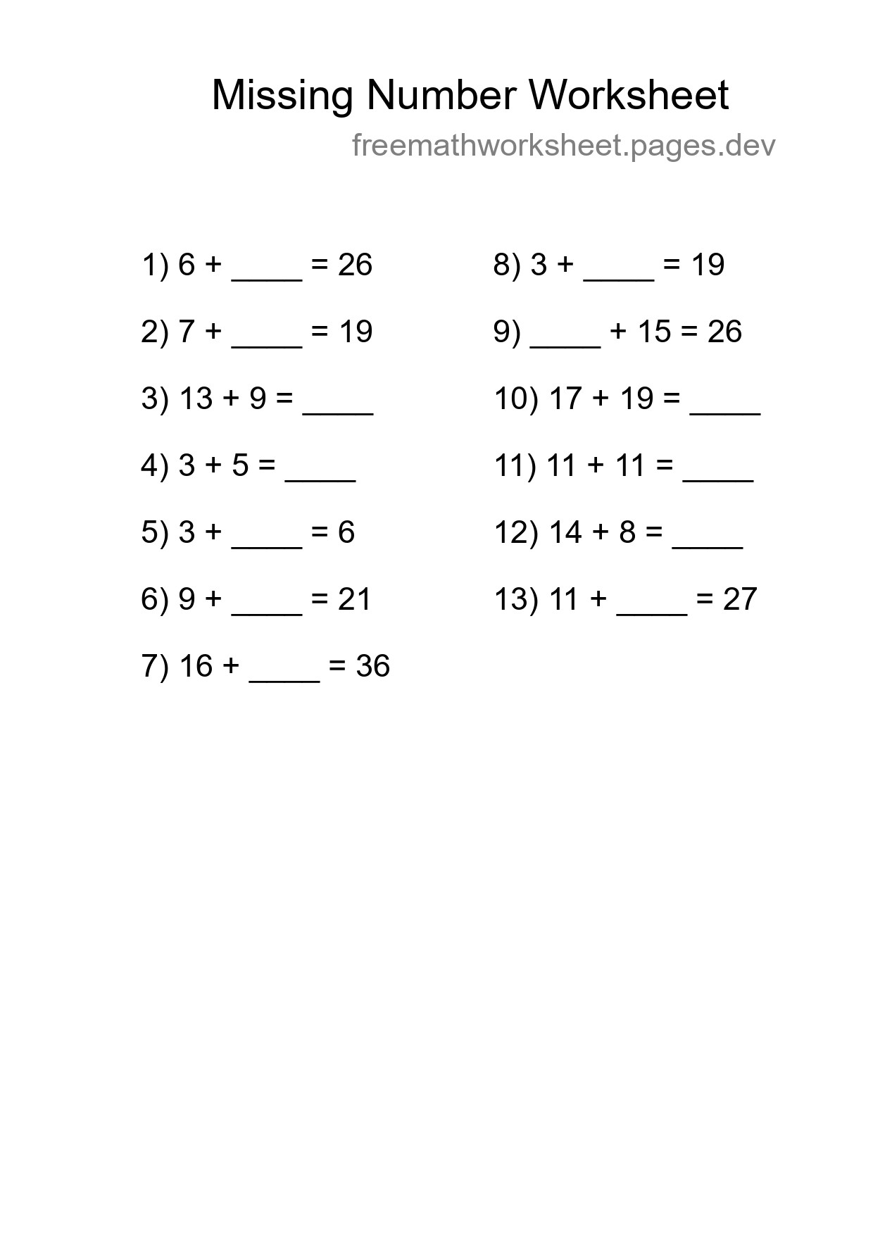 Missing Number Math Worksheet