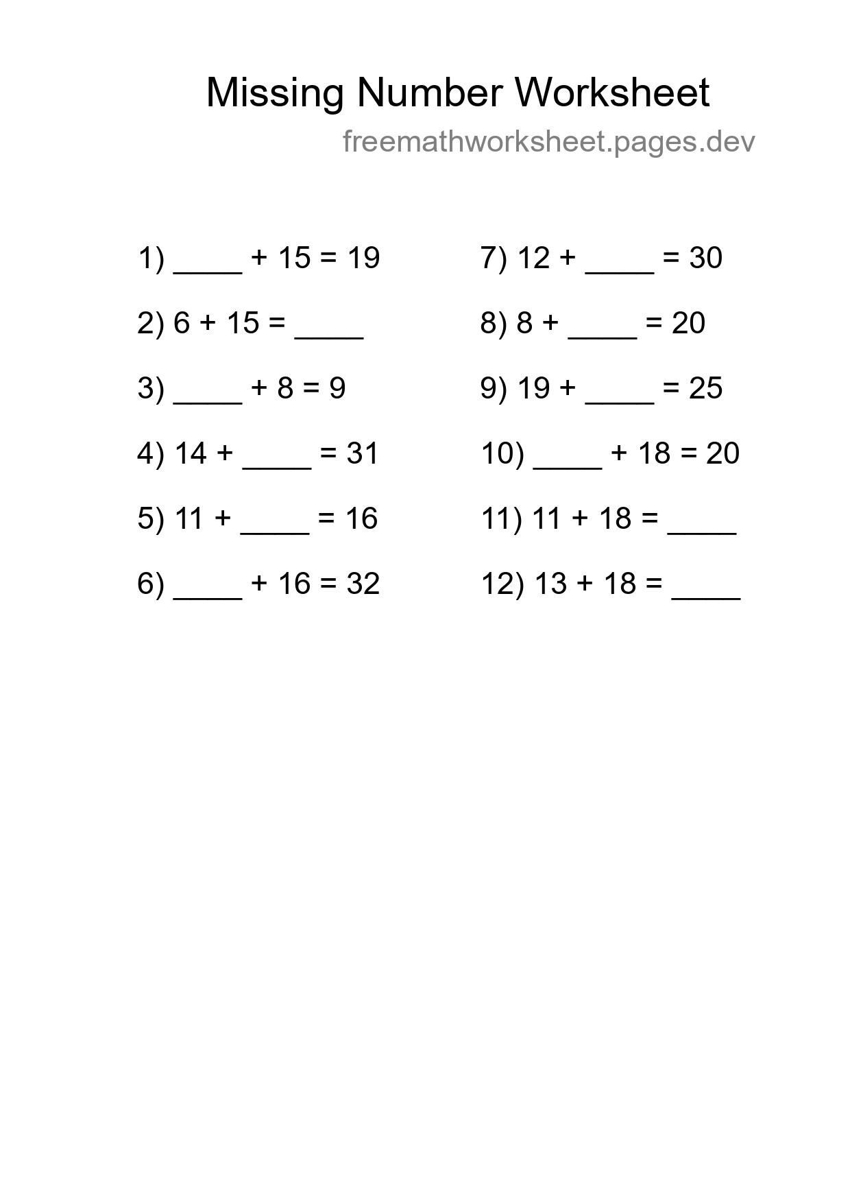 Missing Number Math Worksheet