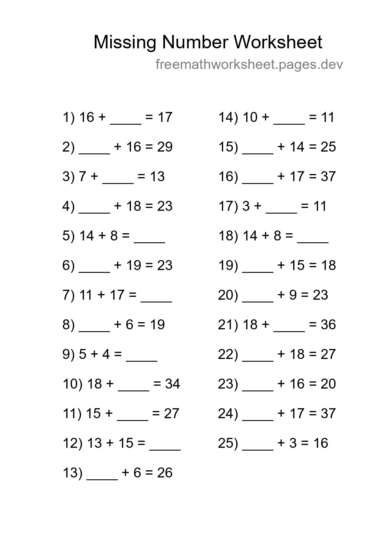Missing Number Math Worksheet