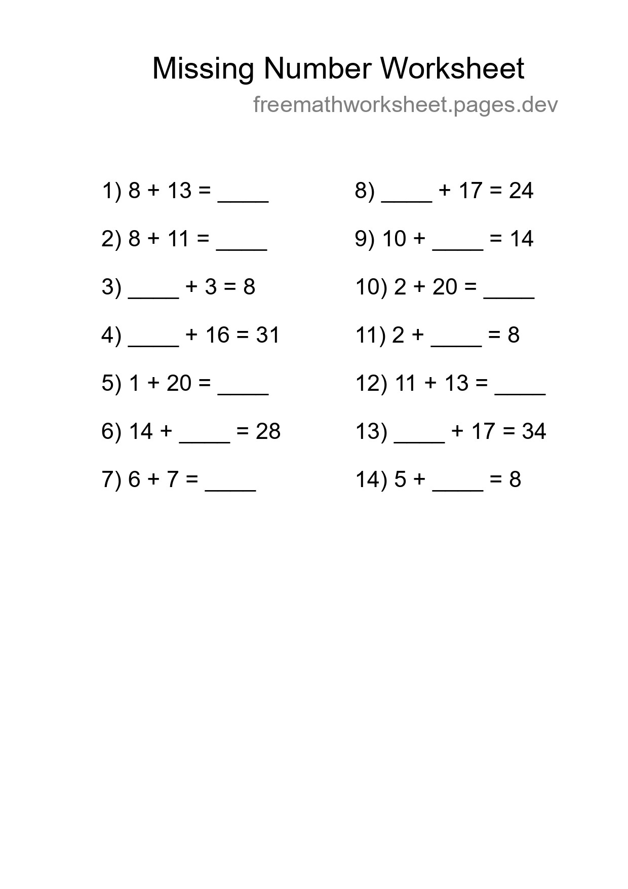 Missing Number Math Worksheet