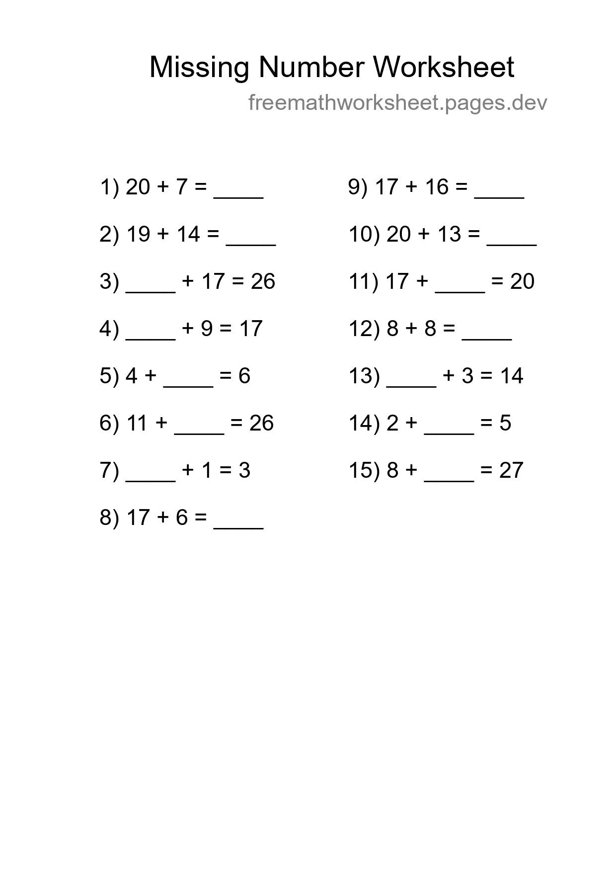 Missing Number Math Worksheet