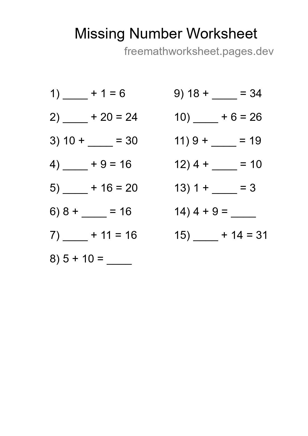 Missing Number Math Worksheet