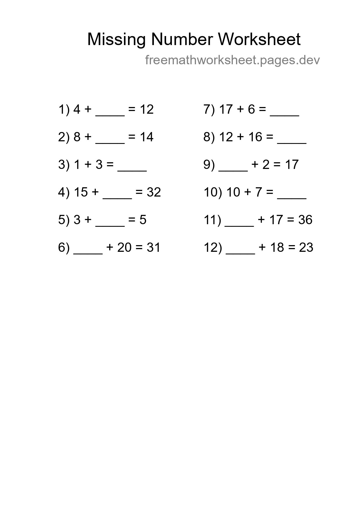 Missing Number Math Worksheet