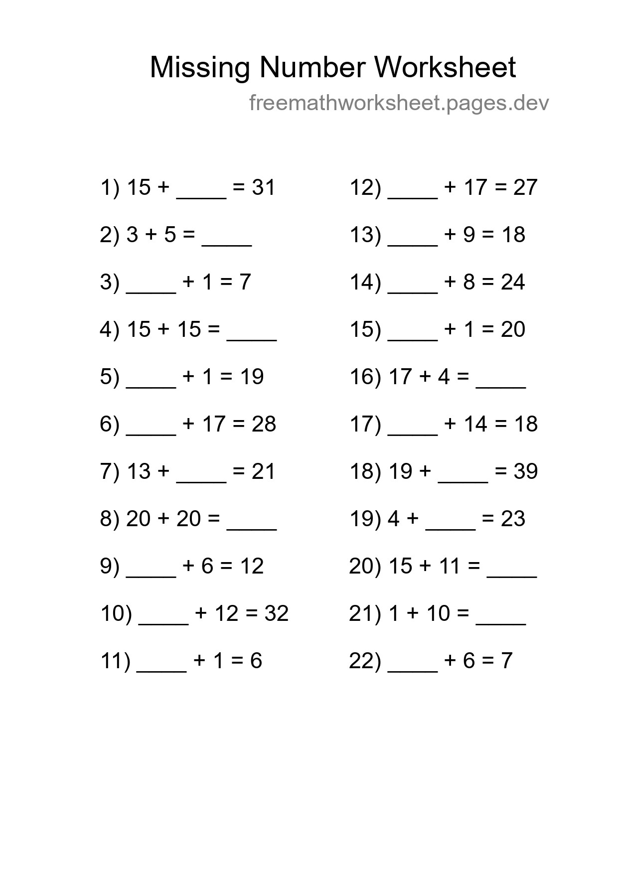 Missing Number Math Worksheet