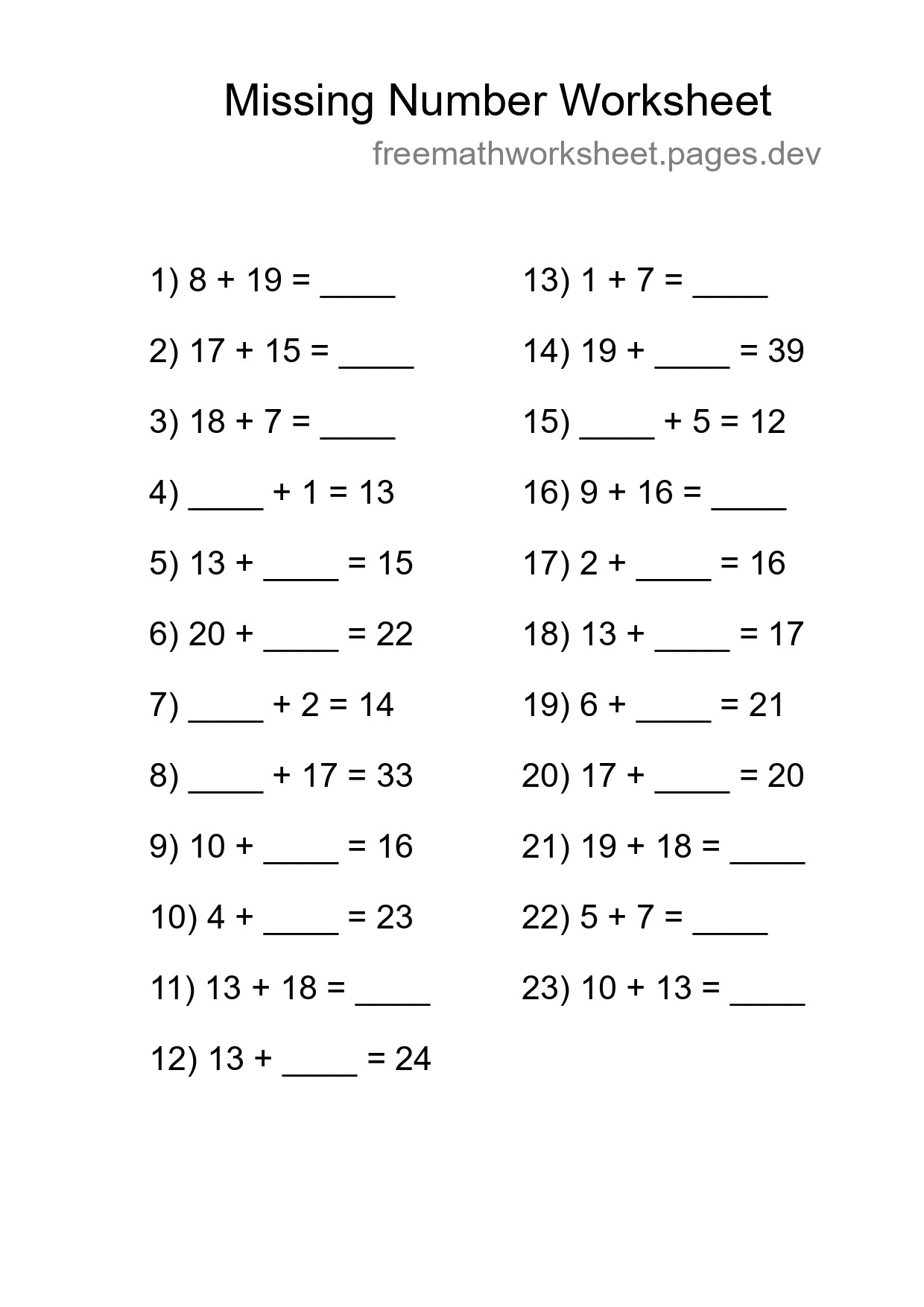 Missing Number Math Worksheet