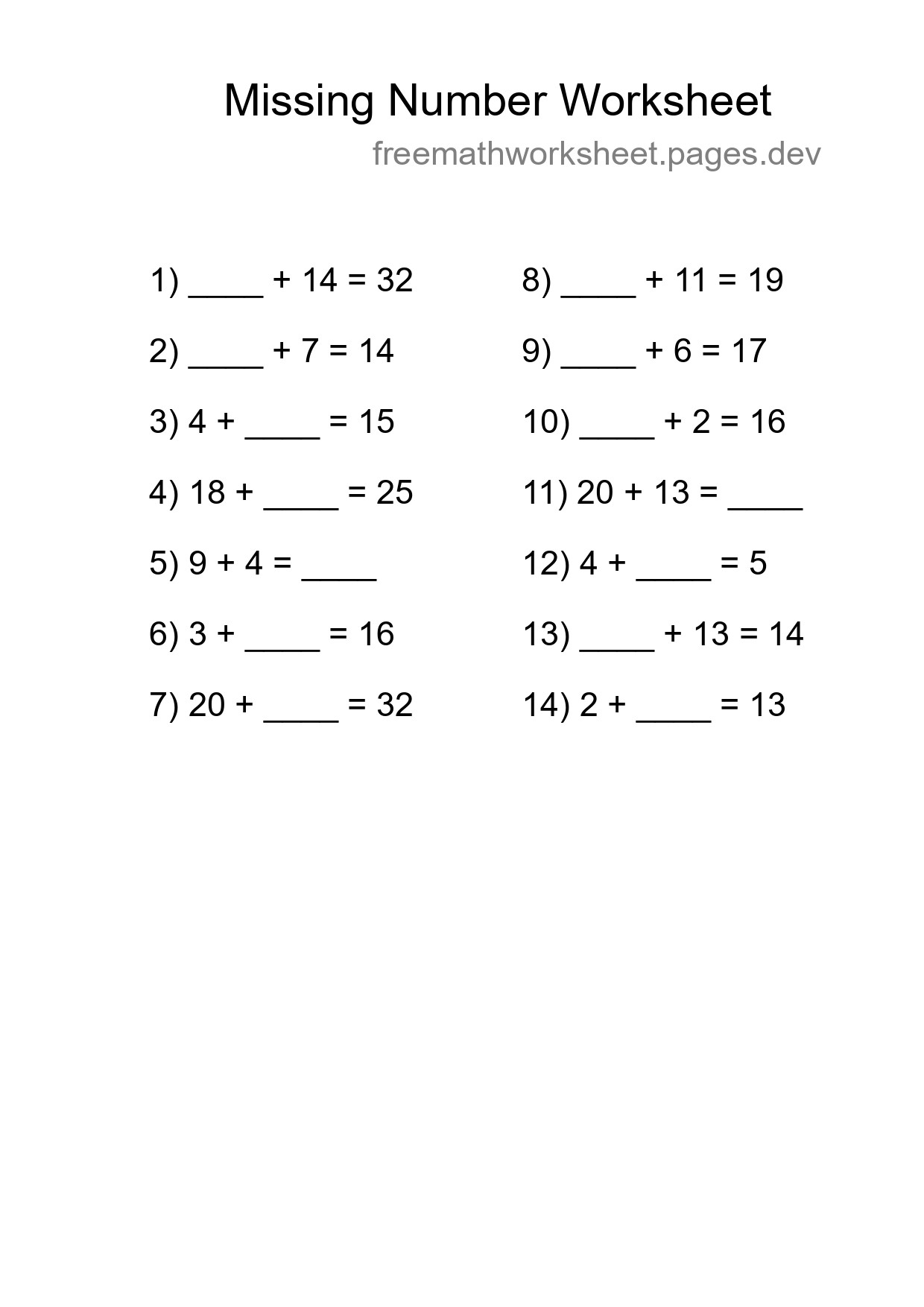 Missing Number Math Worksheet