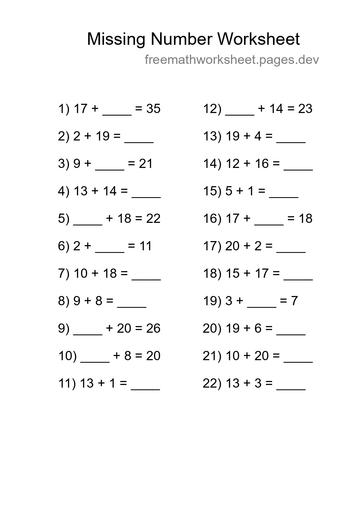 Missing Number Math Worksheet