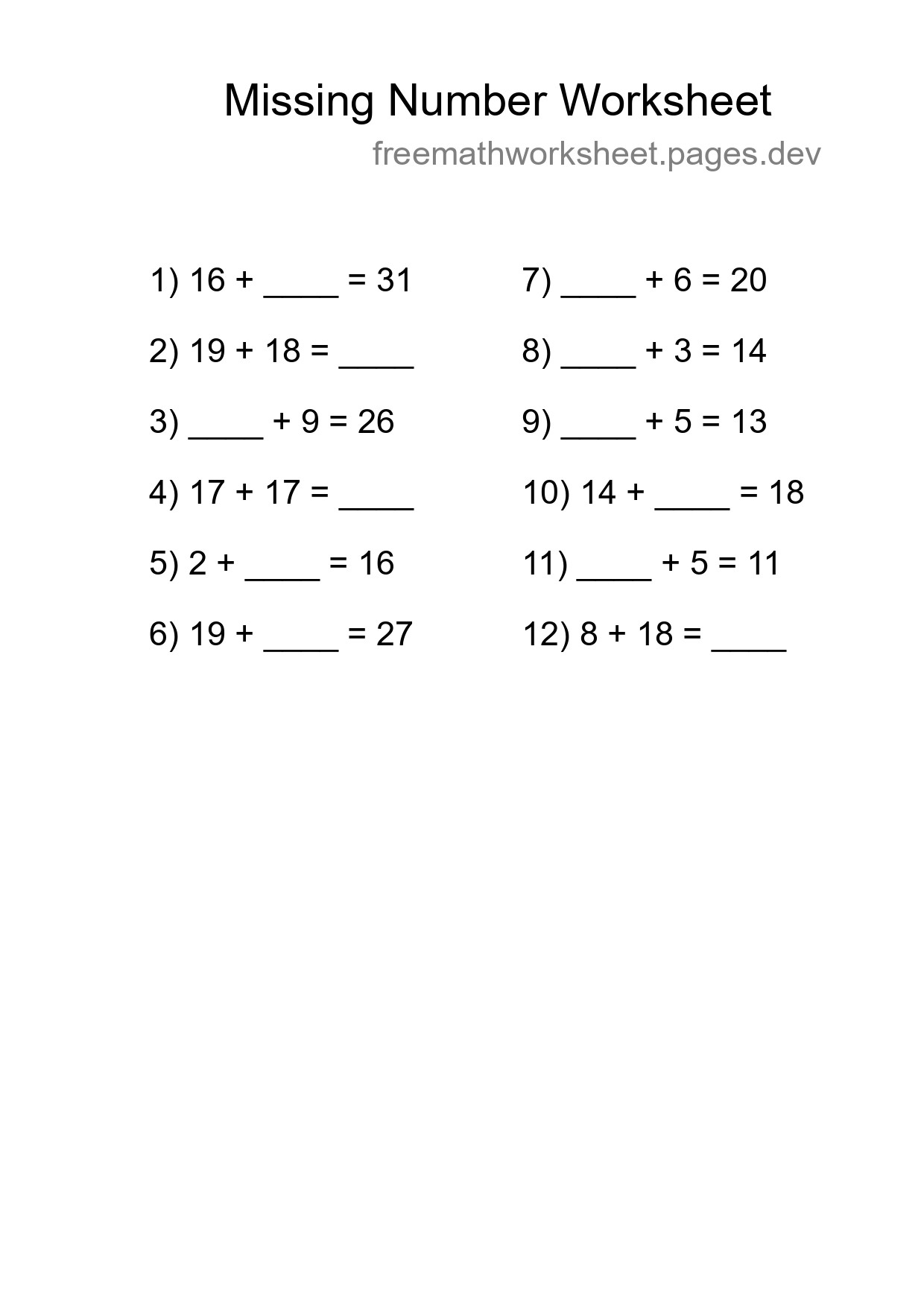 Missing Number Math Worksheet