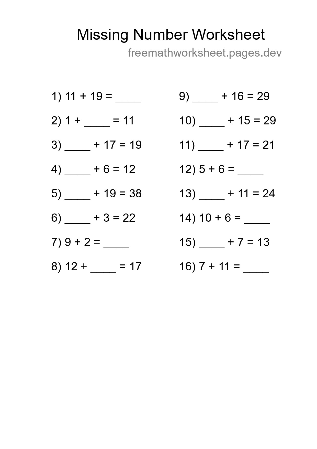 Missing Number Math Worksheet