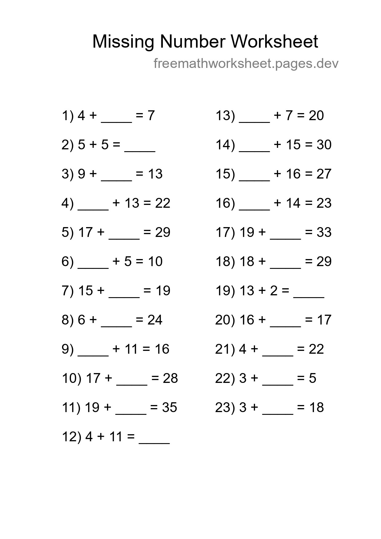 Missing Number Math Worksheet
