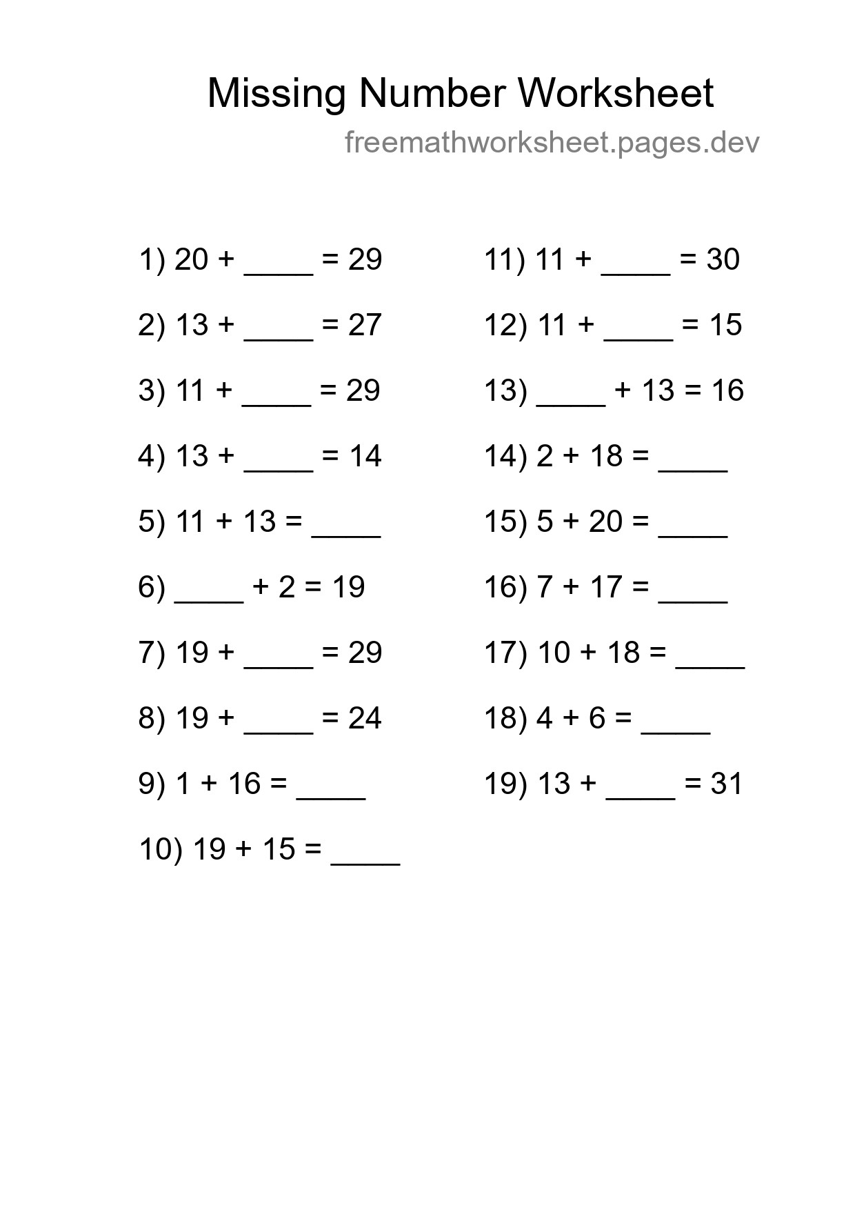 Missing Number Math Worksheet