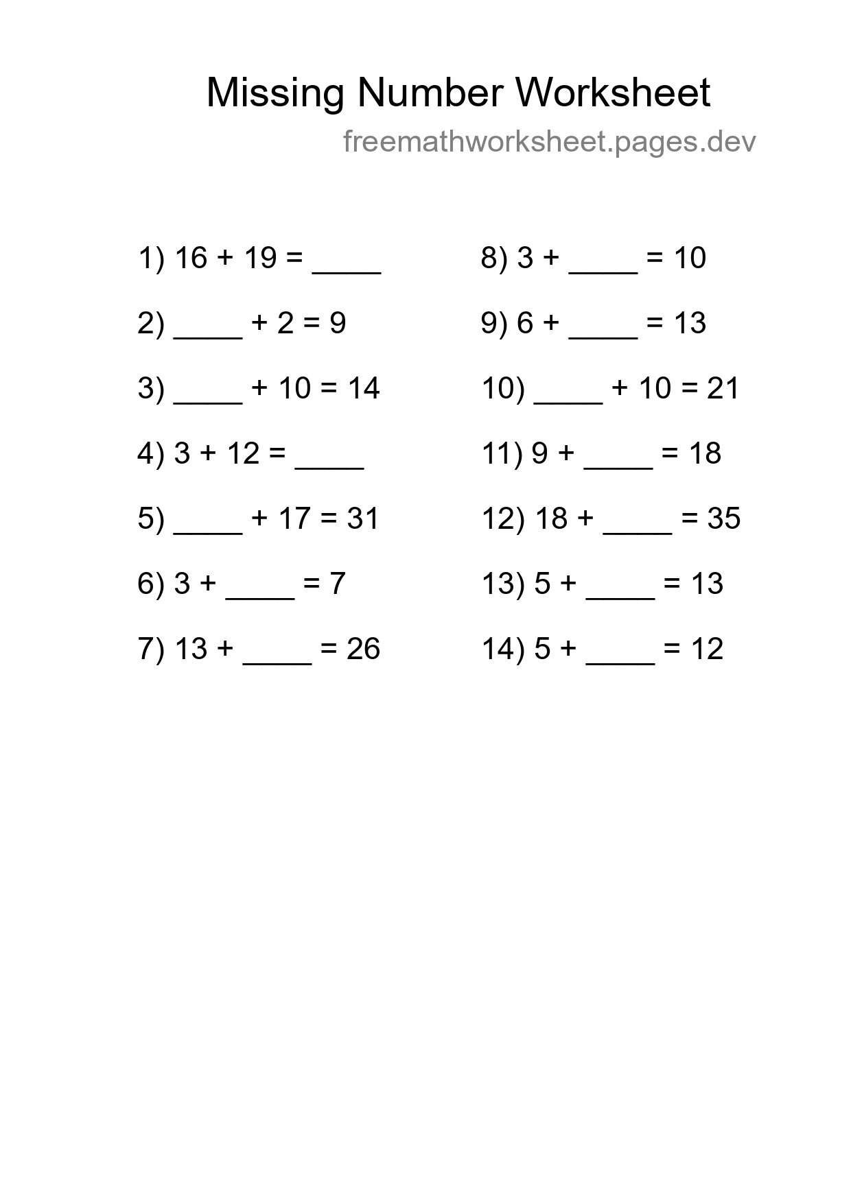 Missing Number Math Worksheet
