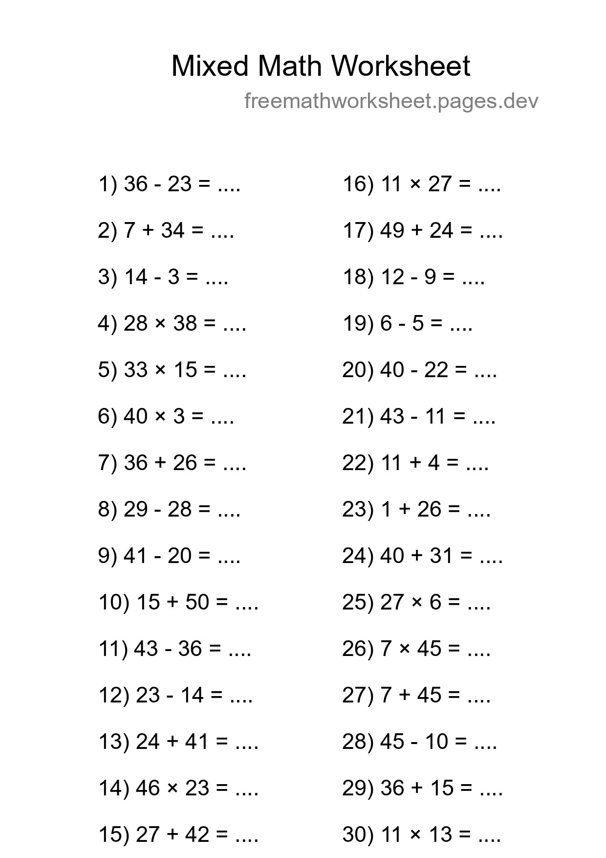 Mixed Operations Math Worksheet