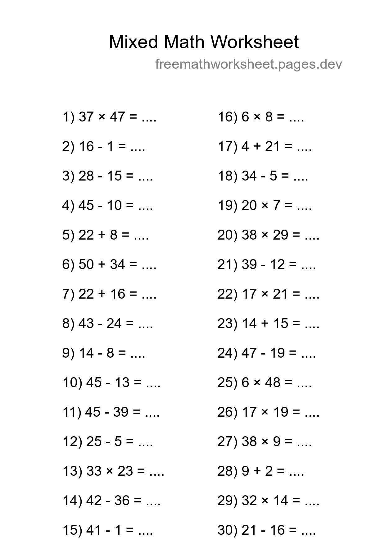 Mixed Operations Math Worksheet