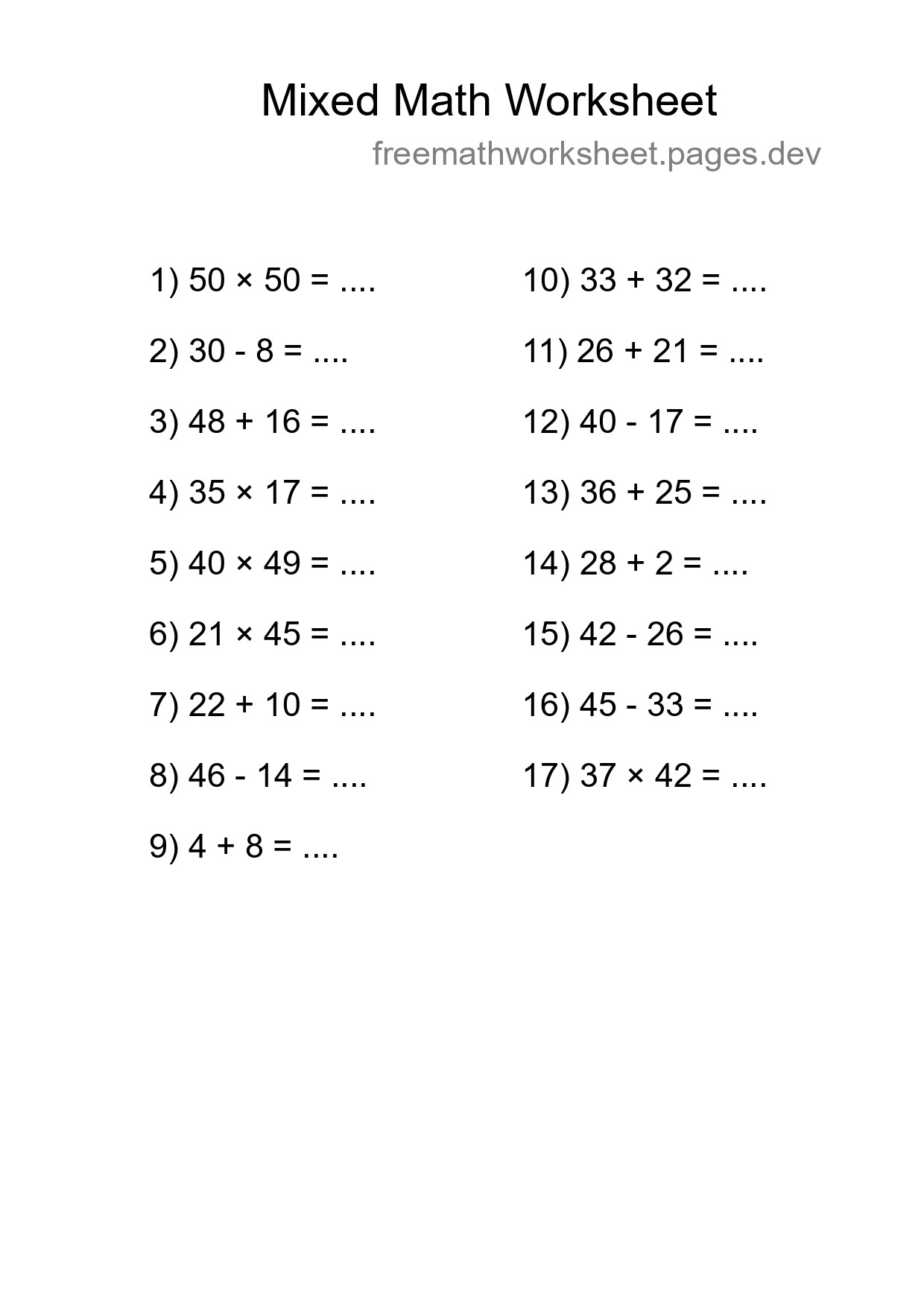 Mixed Operations Math Worksheet