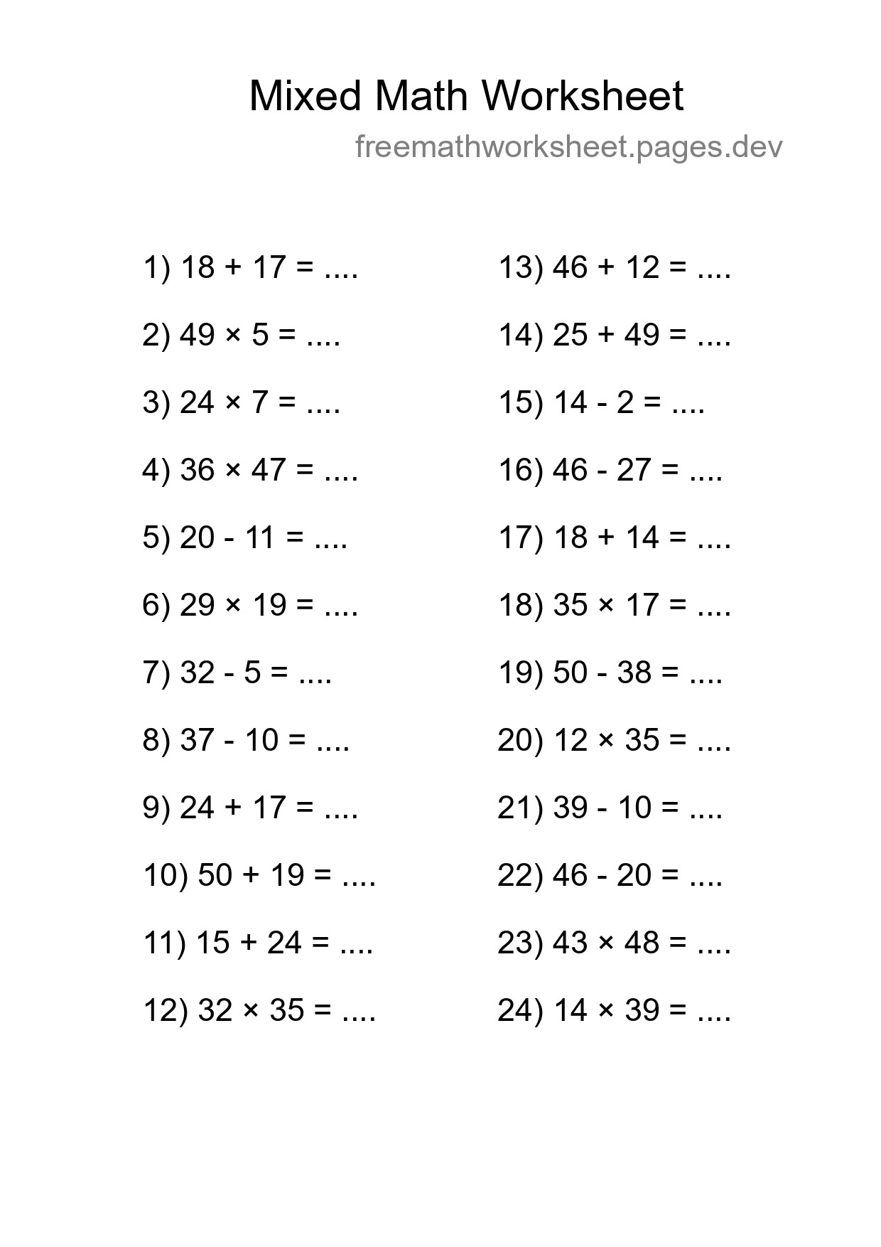 Mixed Operations Math Worksheet