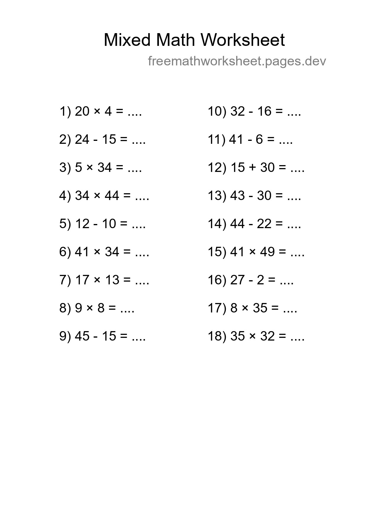 Mixed Operations Math Worksheet