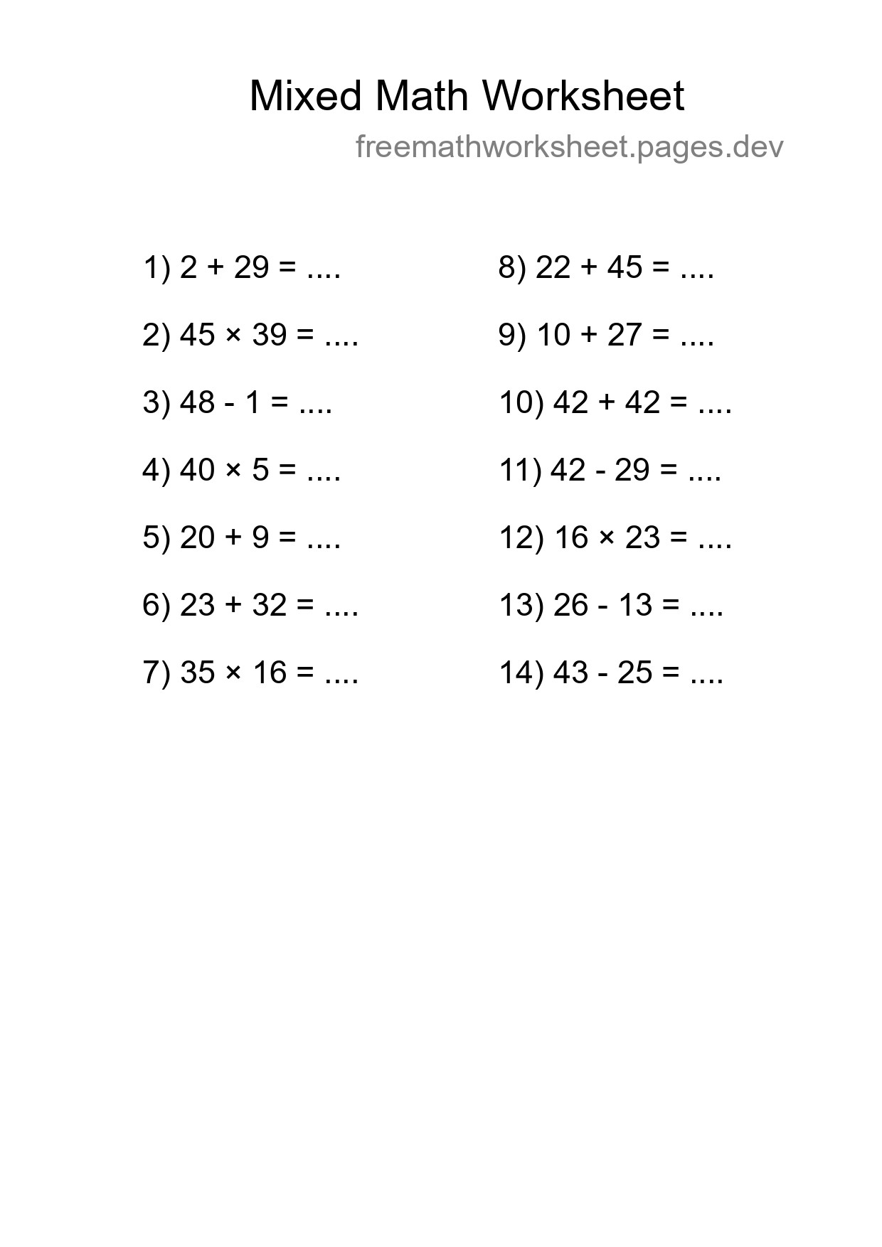Mixed Operations Math Worksheet