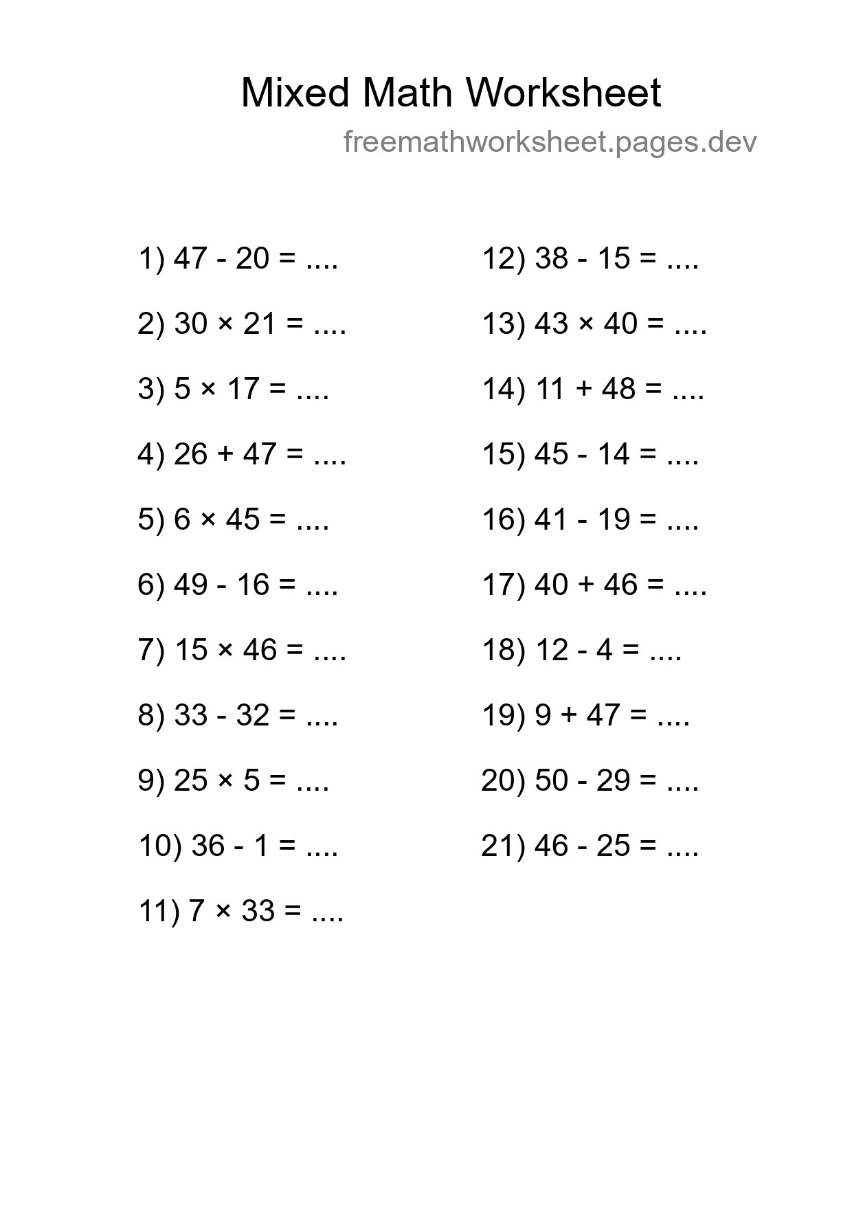 Mixed Operations Math Worksheet