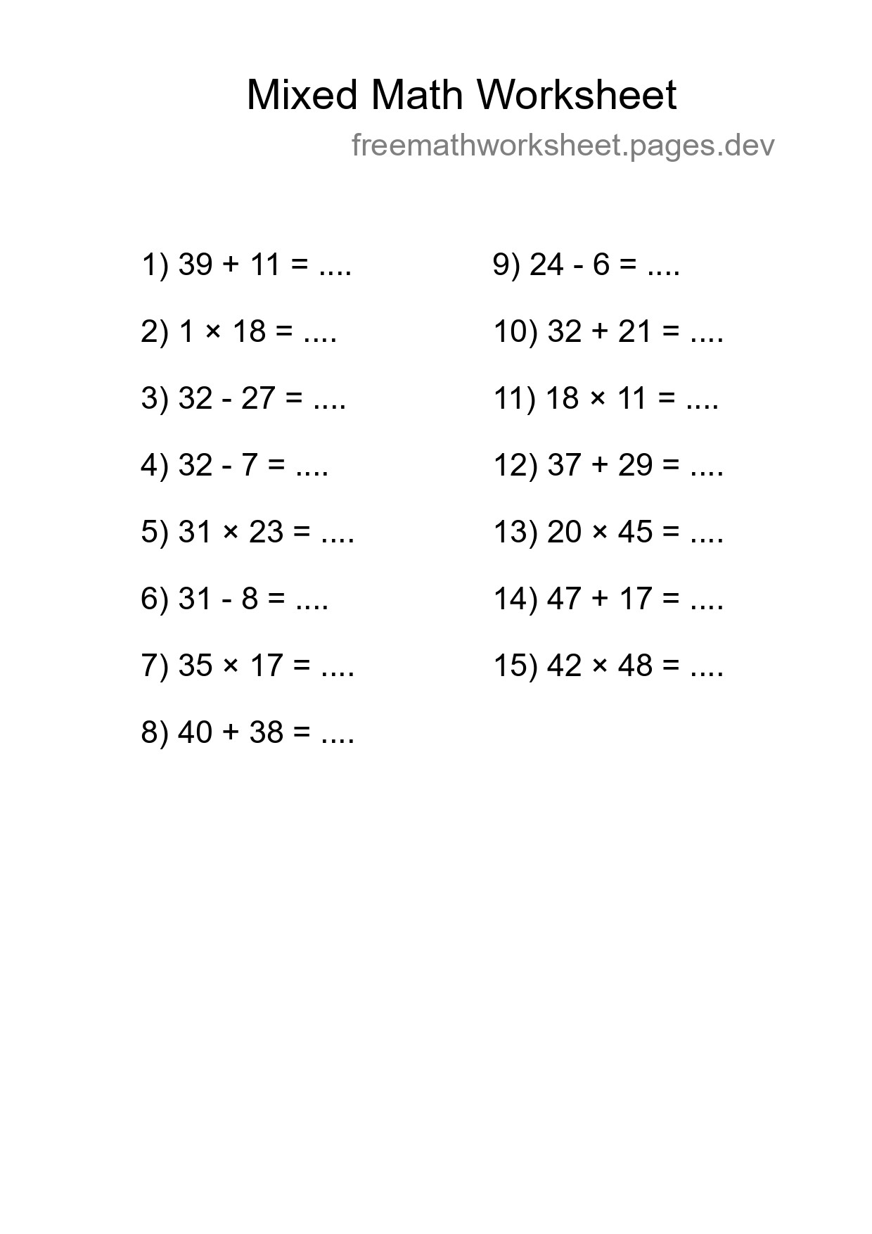 Mixed Operations Math Worksheet