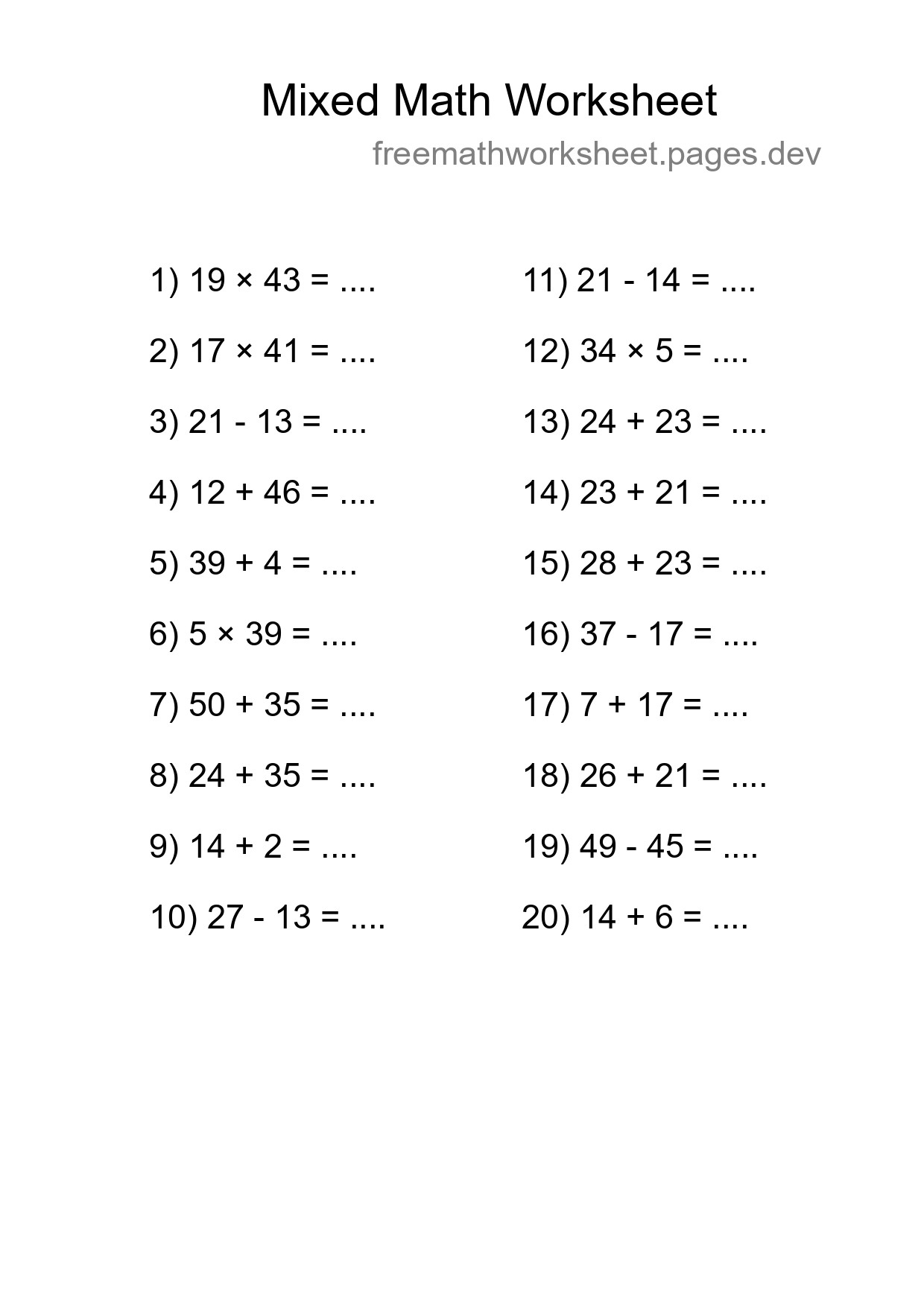 Mixed Operations Math Worksheet