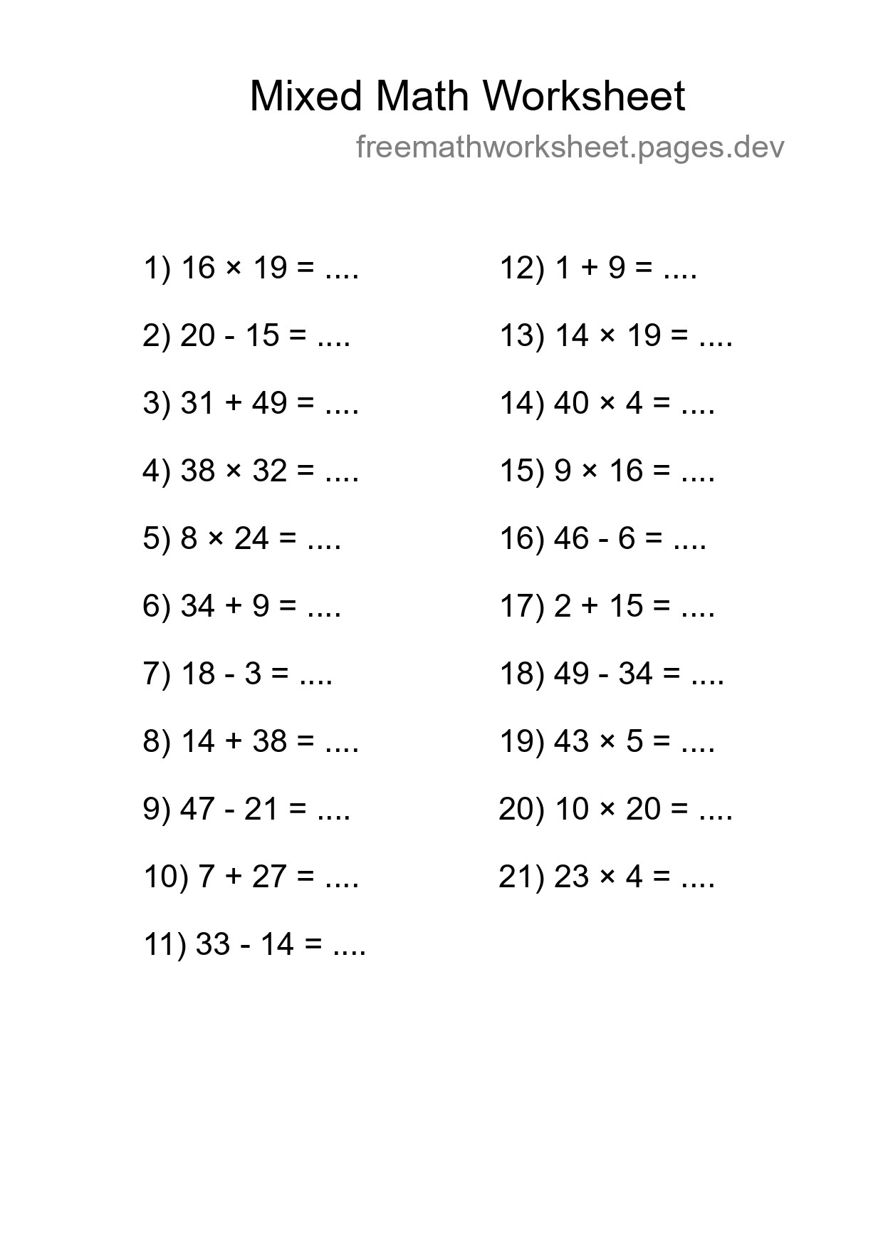 Mixed Operations Math Worksheet