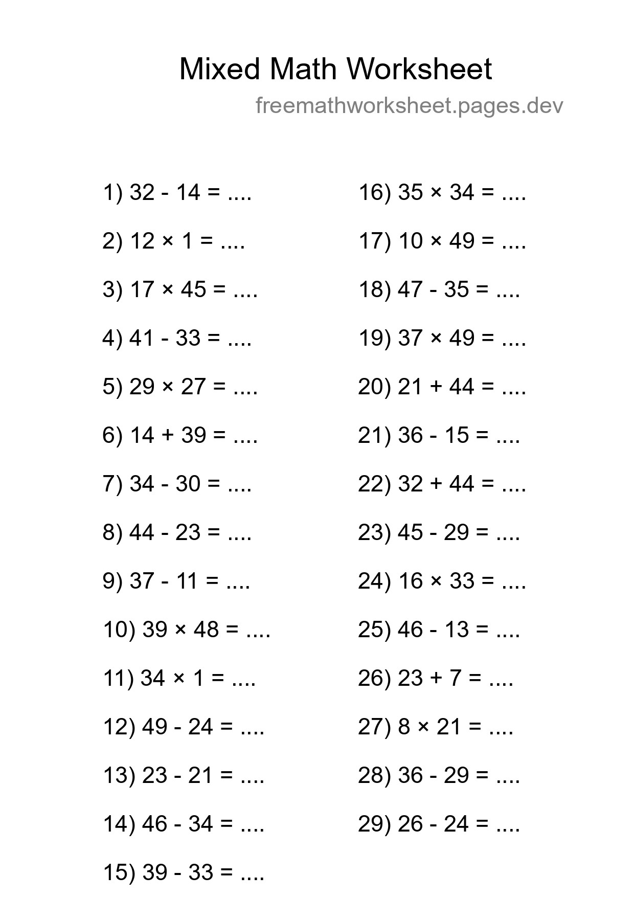 Printable Mixed Operations Worksheet for Grade 3
