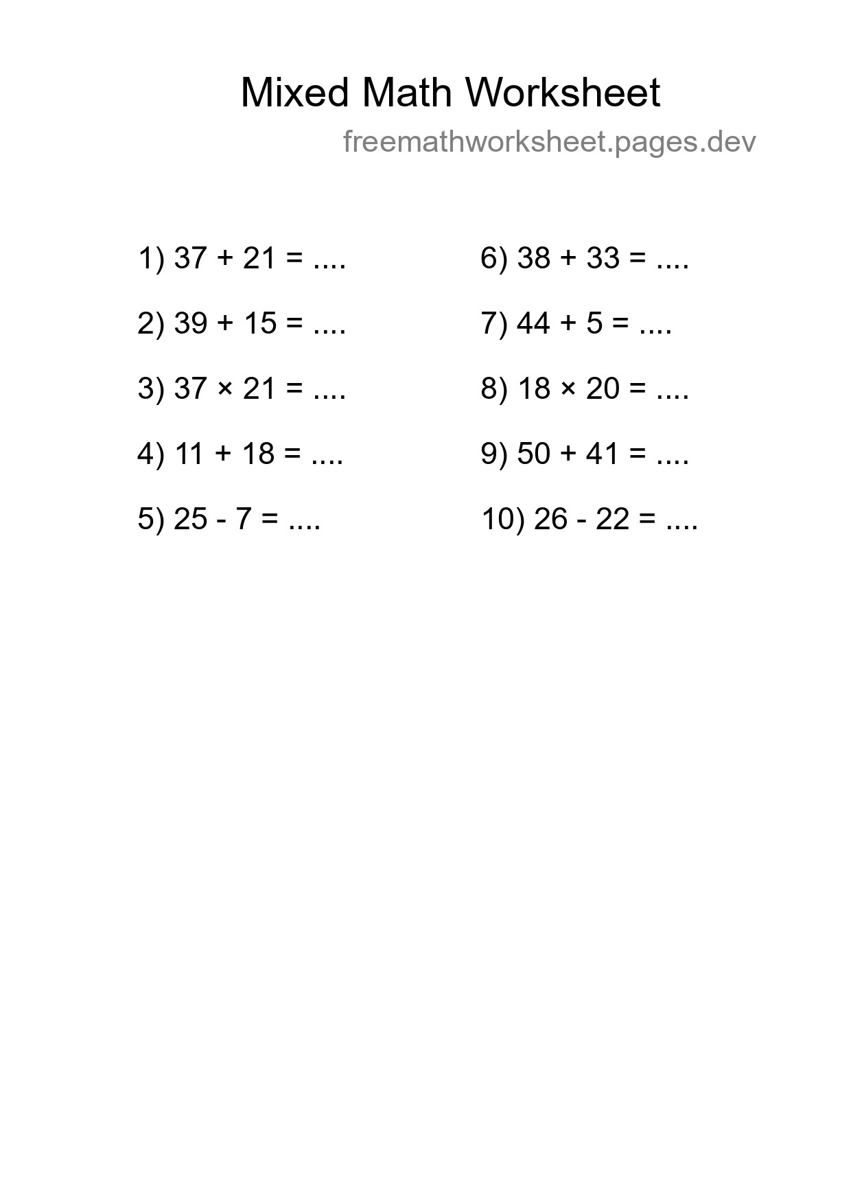 Mixed Operations Math Worksheet