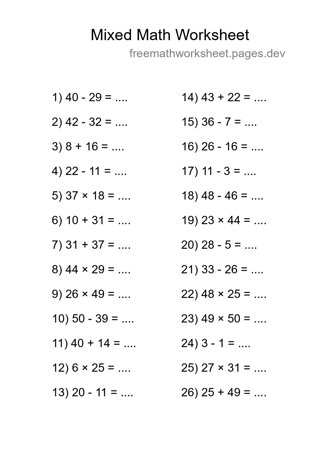 Mixed Operations Math Worksheet