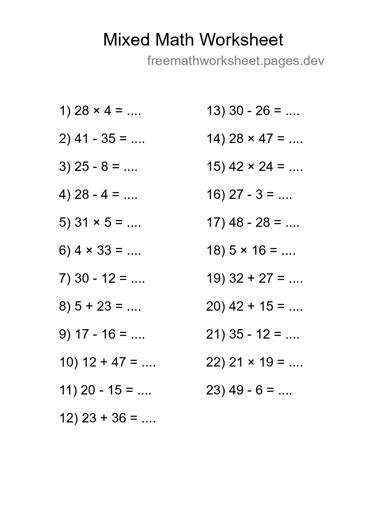 Mixed Operations Math Worksheet