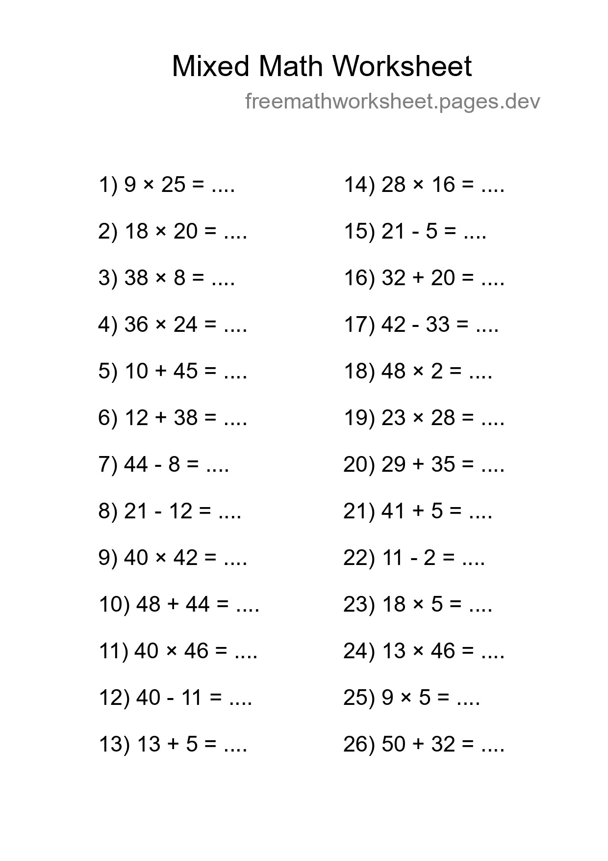 Mixed Operations Math Worksheet