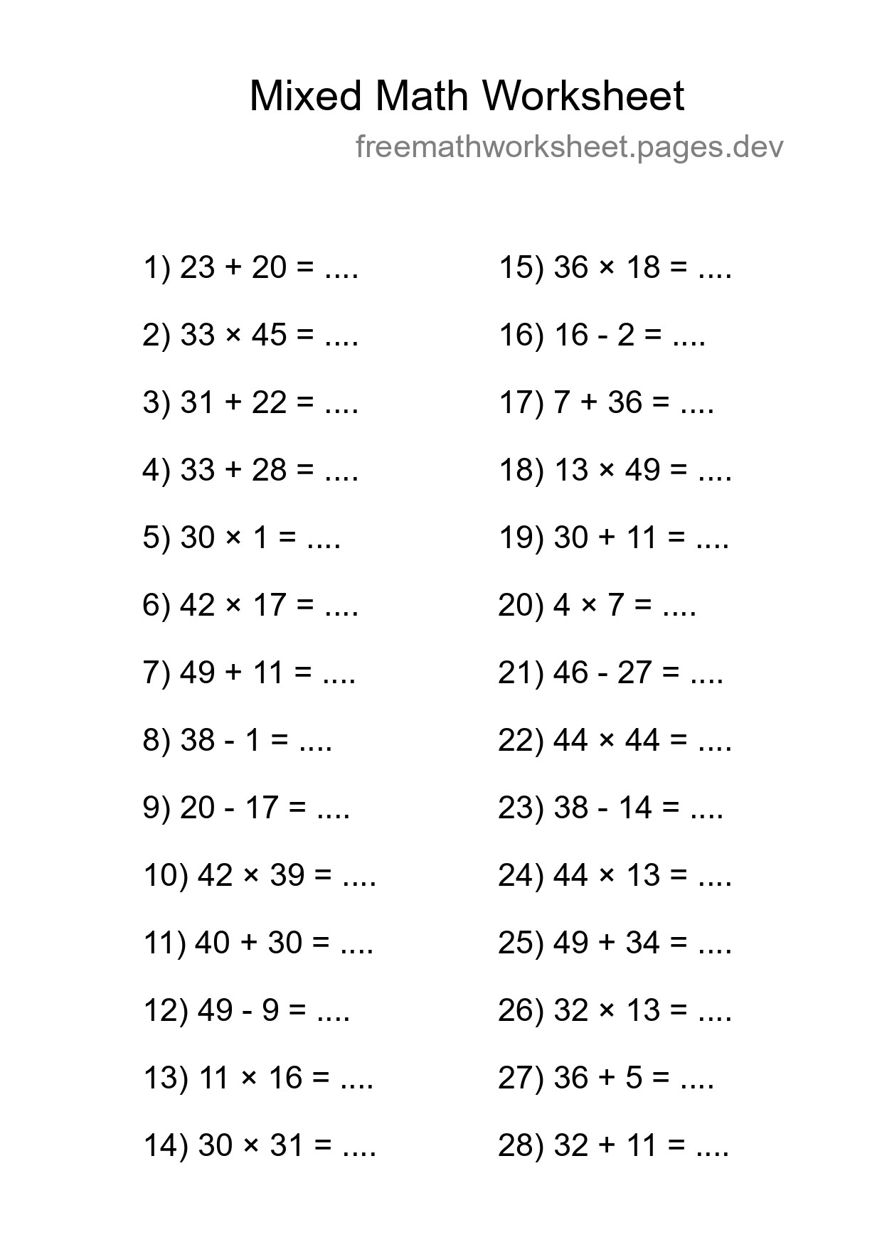 Mixed Operations Math Worksheet