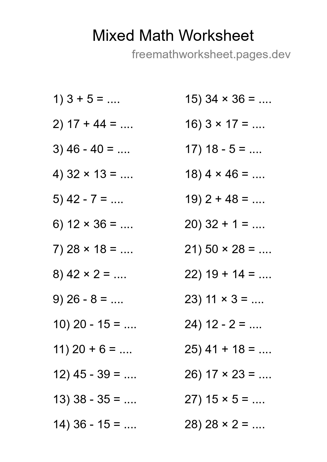 Mixed Operations Math Worksheet
