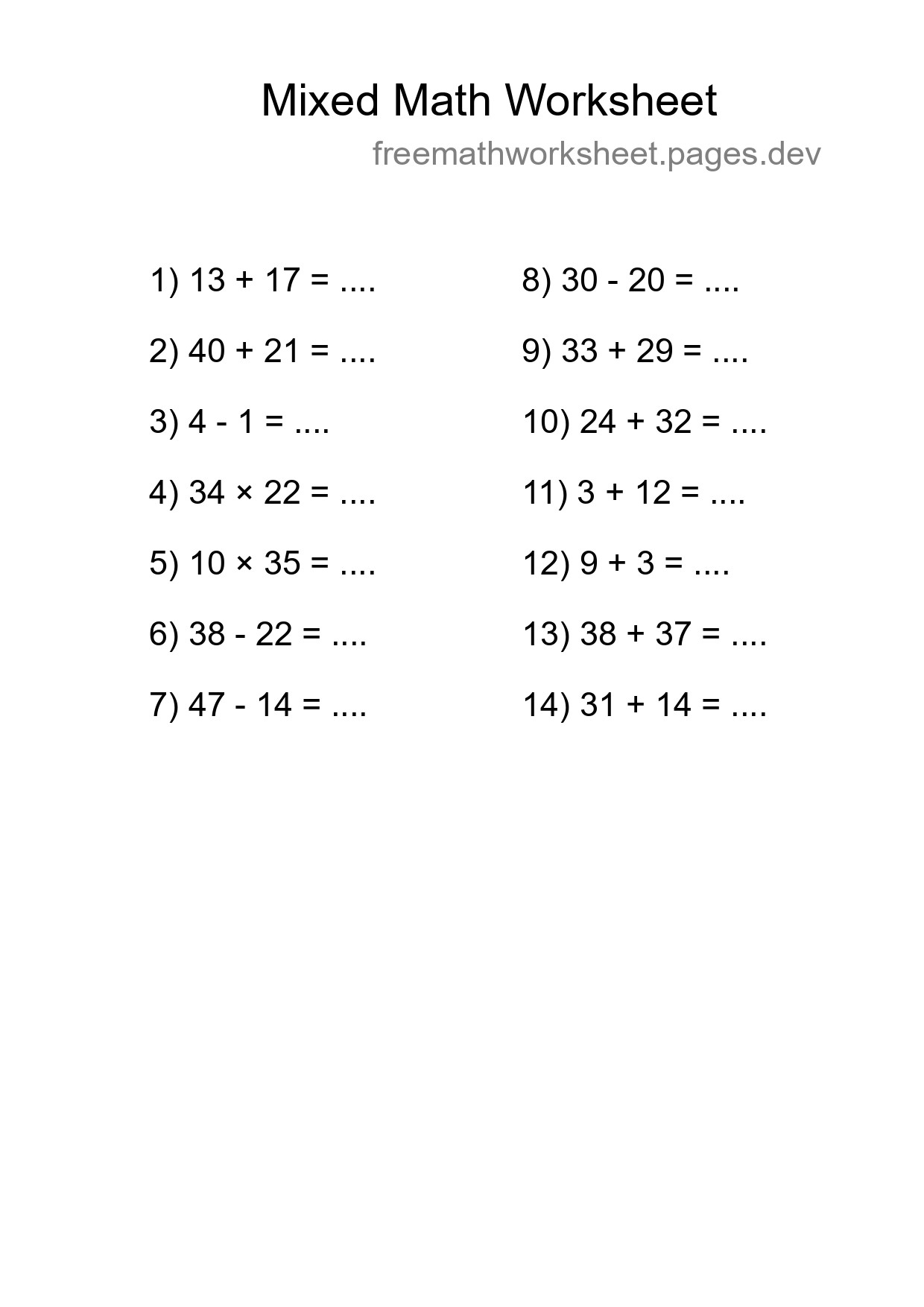 Mixed Operations Math Worksheet