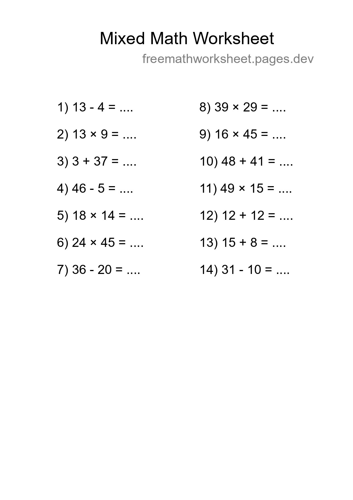 Mixed Operations Math Worksheet