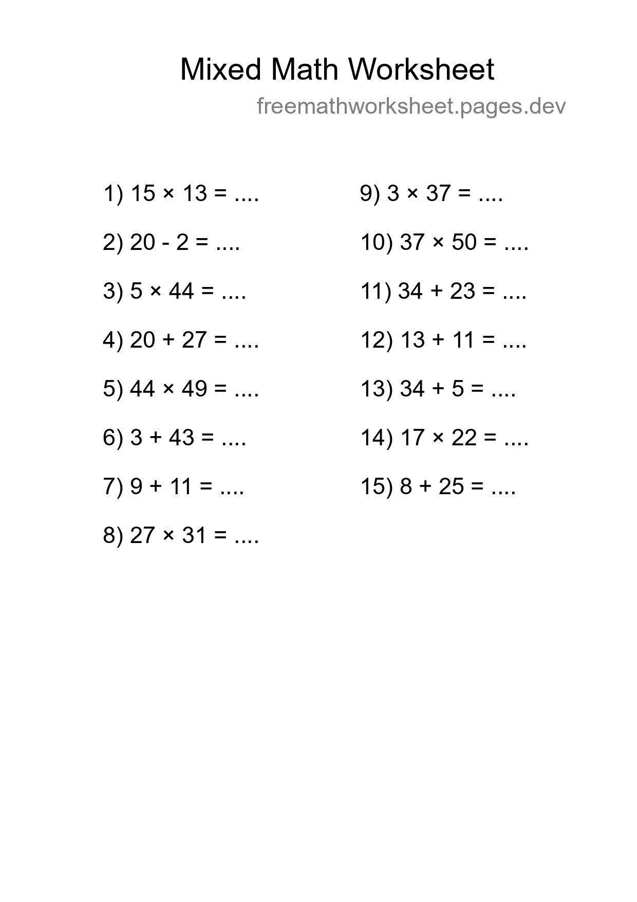 Mixed Operations Math Worksheet
