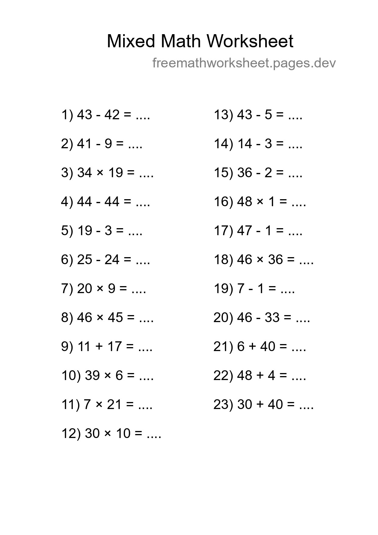 Mixed Operations Math Worksheet