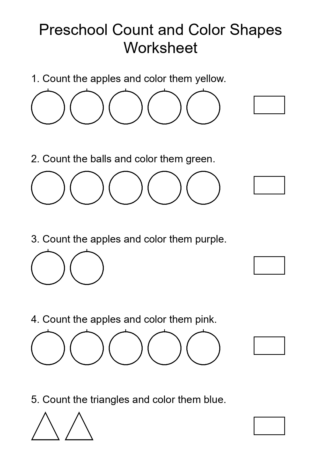 Preschool Count and Color Shapes Worksheet