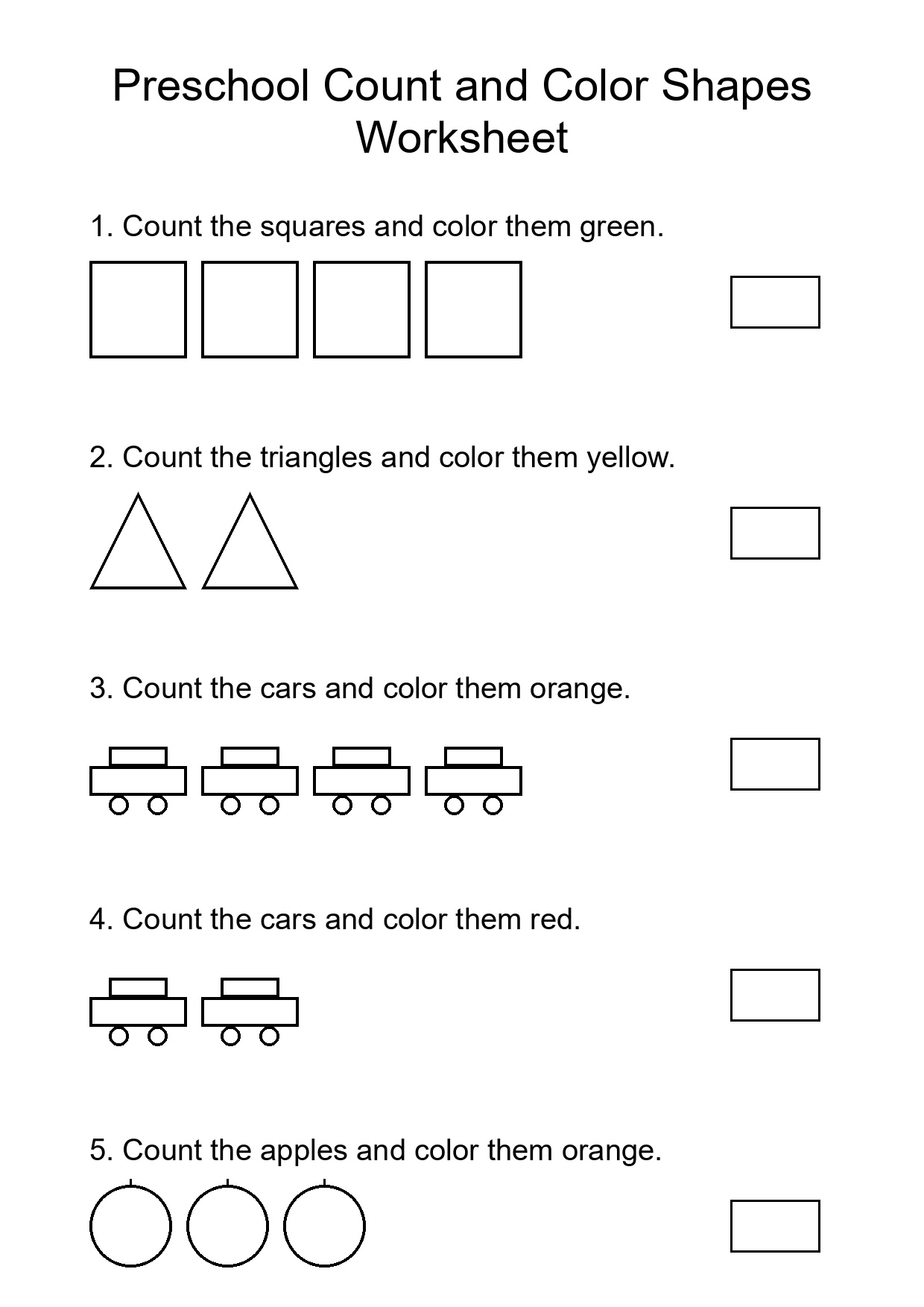 Preschool Count and Color Shapes Worksheet
