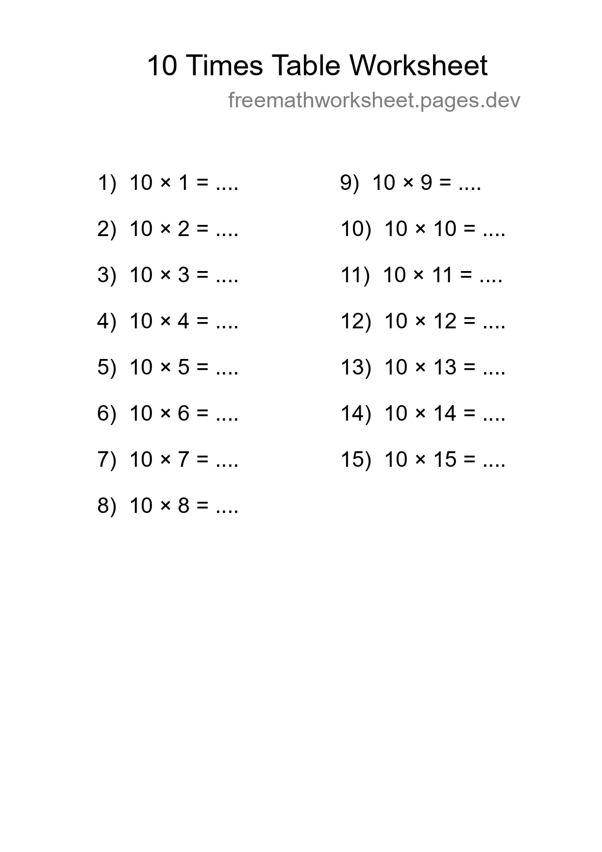 Printable 10 Times Table Worksheet For Grade 3 - Part 299