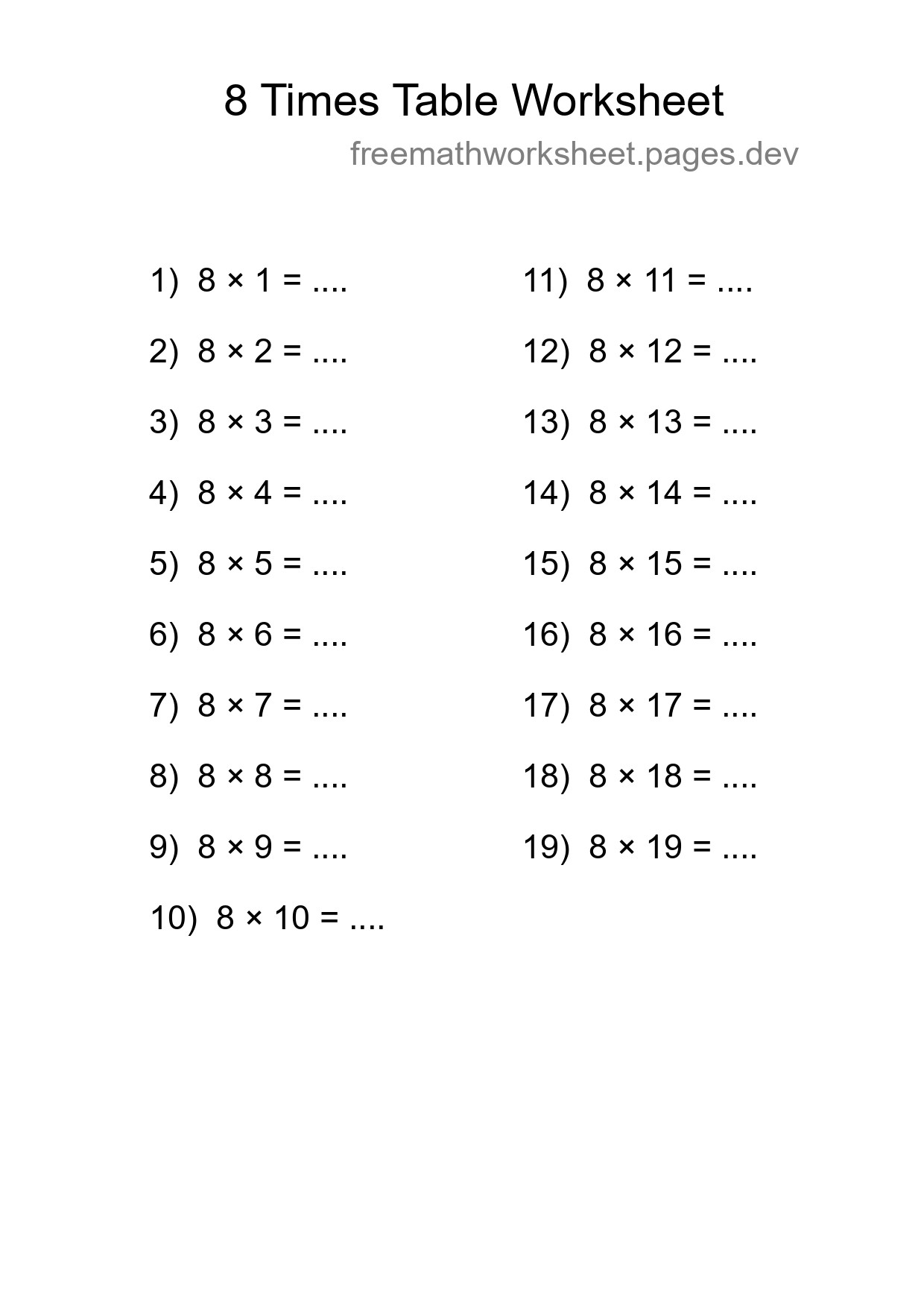 Printable 8 Times Table Worksheet For Grade 3 - Part 279