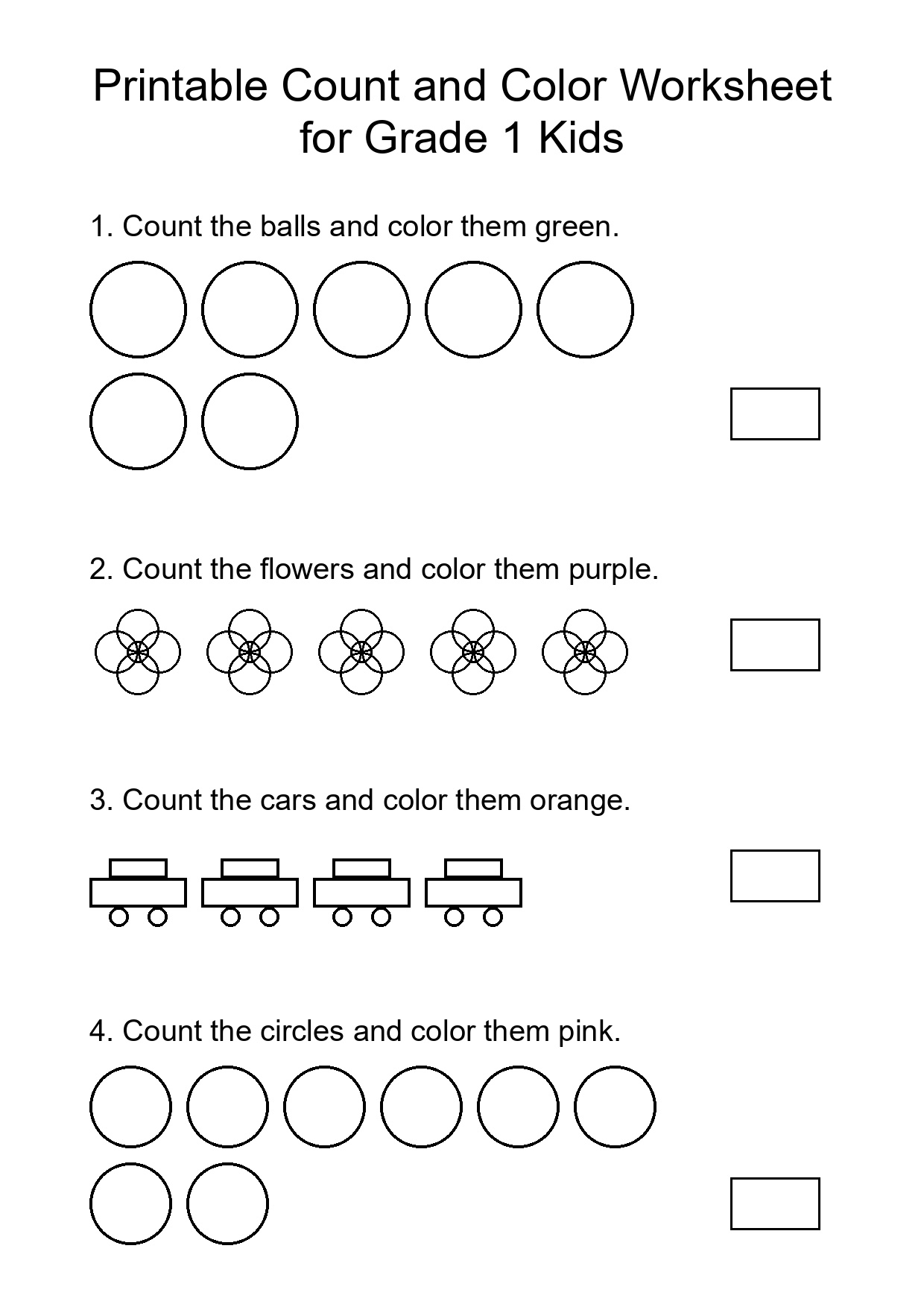 Printable Count and Color Worksheet for Grade 1 Kids