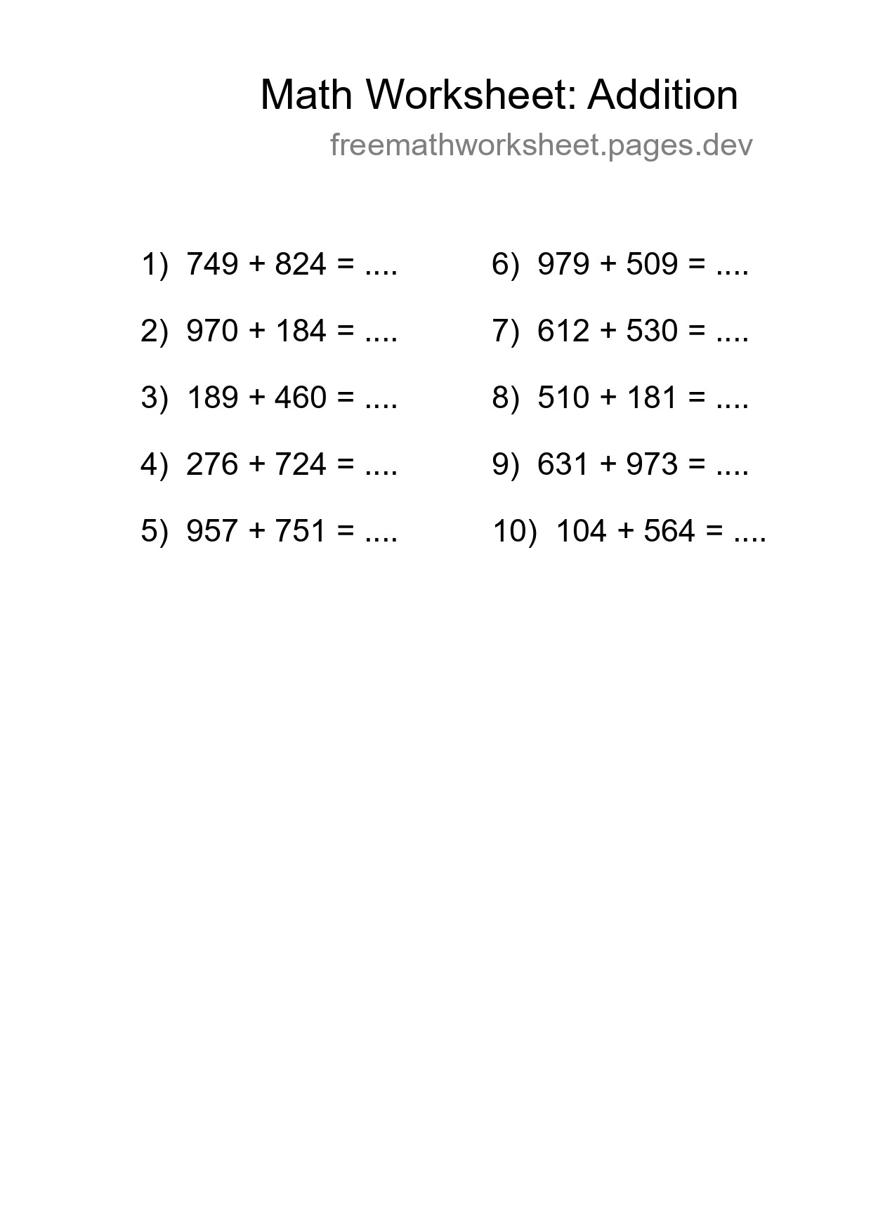Printable Free 10 Addition Math Worksheet For Grade 5 - Part 141